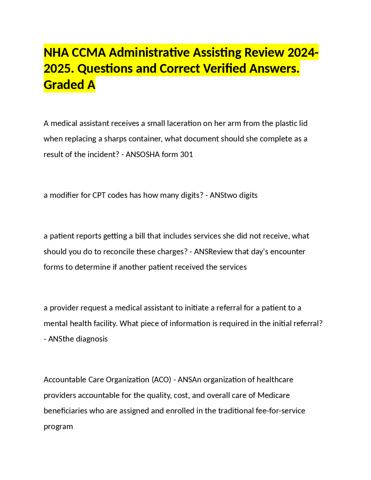 NHA CCMA Administrative Assisting Review 2024-2025: Questions and ...