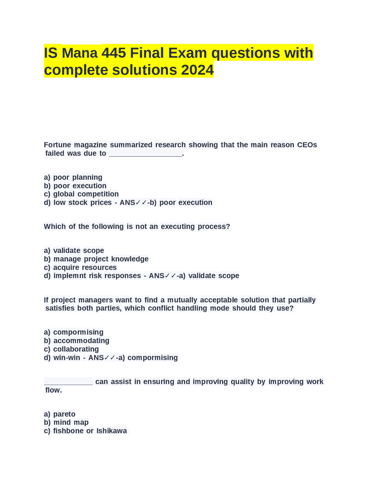 S Mana 445 Final Exam questions with complete solutions 2024 | Exams ...