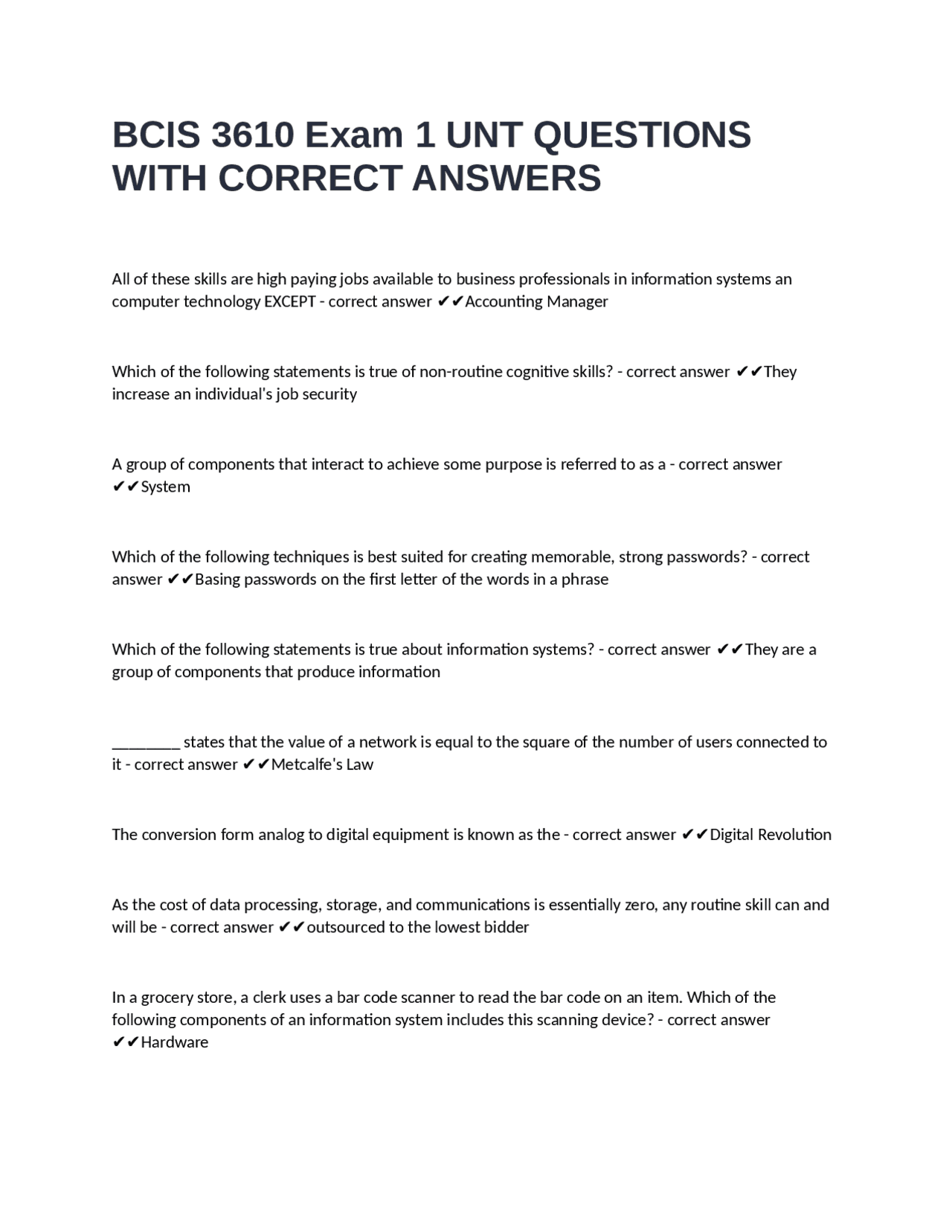 BCIS 3610 Exam 1 UNT Questions and Answers | Exams Nursing | Docsity