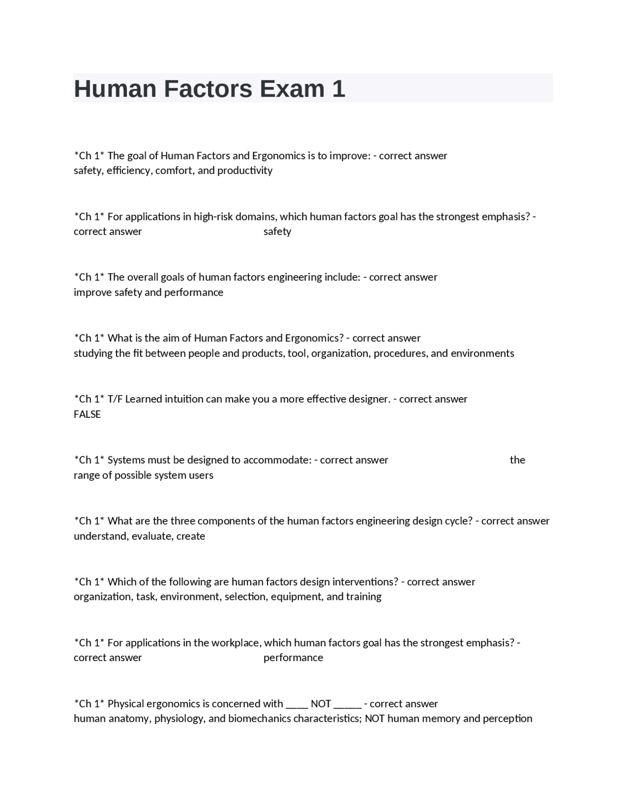 Human Factors Exam 1: Chapter 1 & 2 Review Questions | Exams Nursing ...
