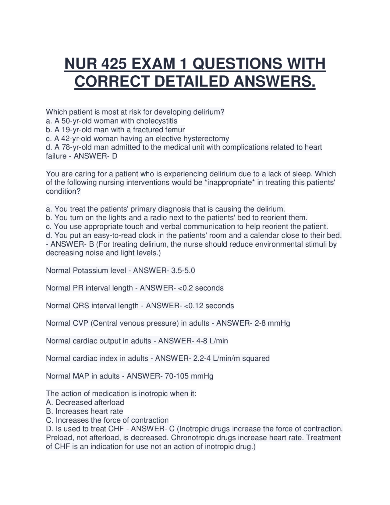 NUR 425 EXAM 1 QUESTIONS WITH CORRECT DETAILED ANSWERS | Exams Nursing ...