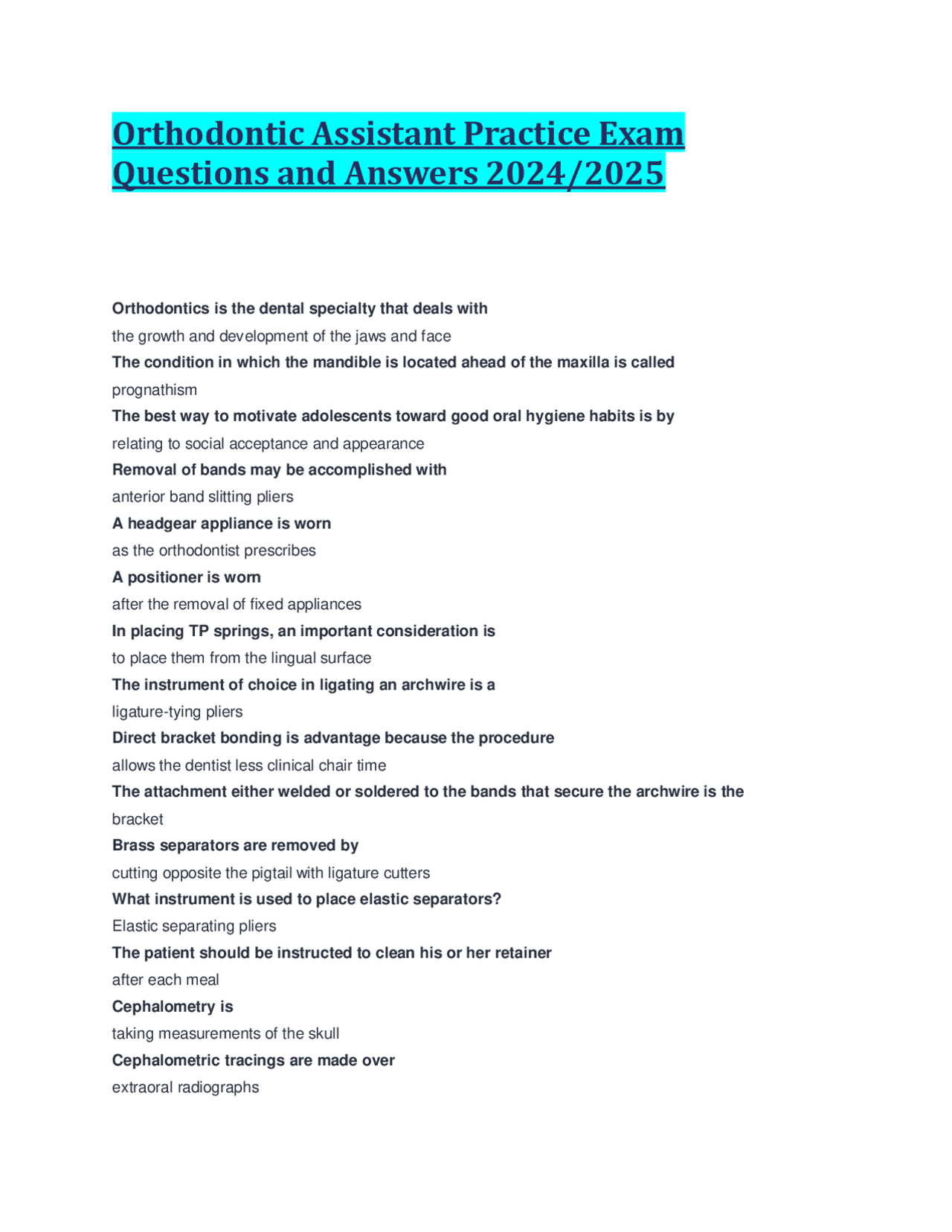 Orthodontic Assistant Practice Exam Questions and Answers 2024/2025 | Exams Orthodontics | Docsity
