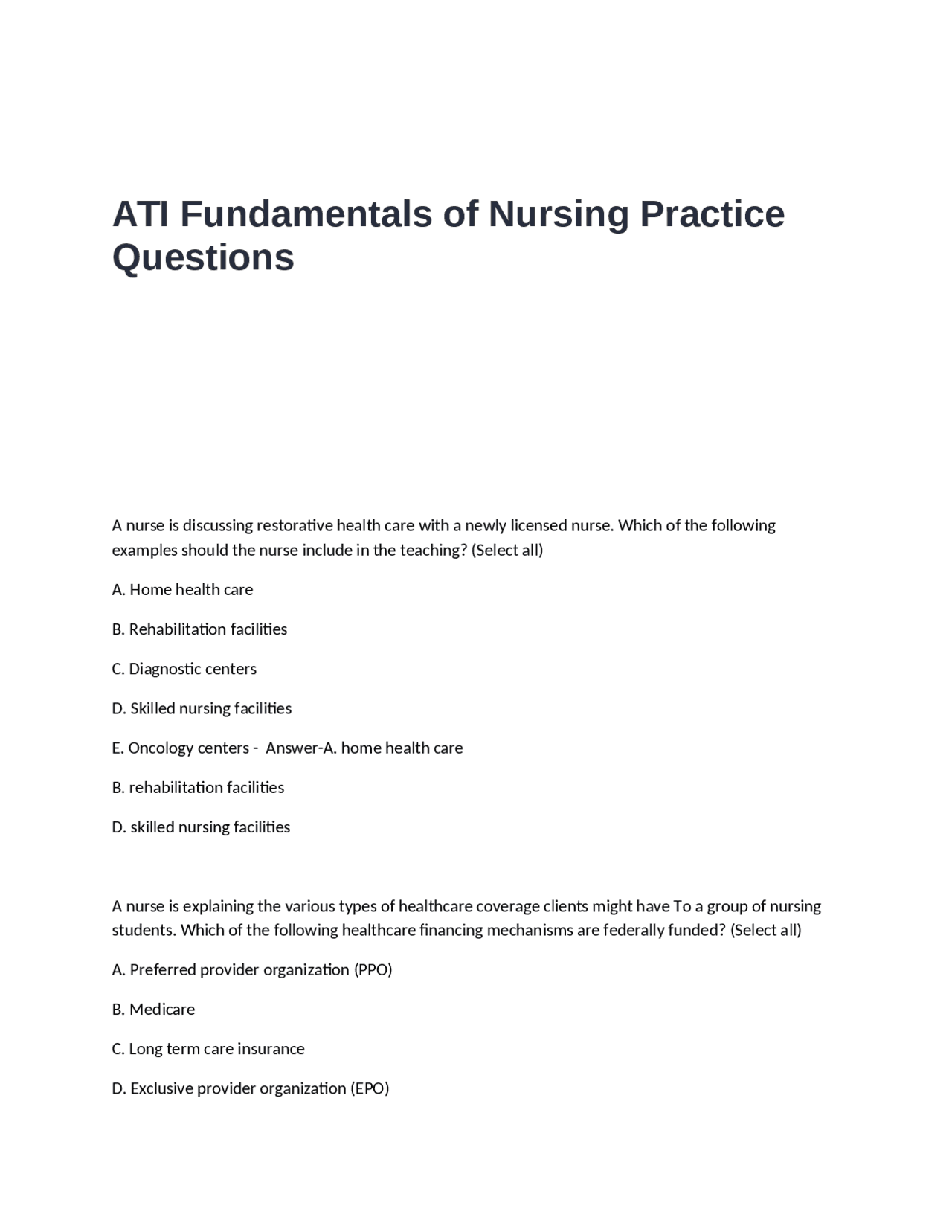 ATI Fundamentals of Nursing Practice Questions and Answers | Exams ...