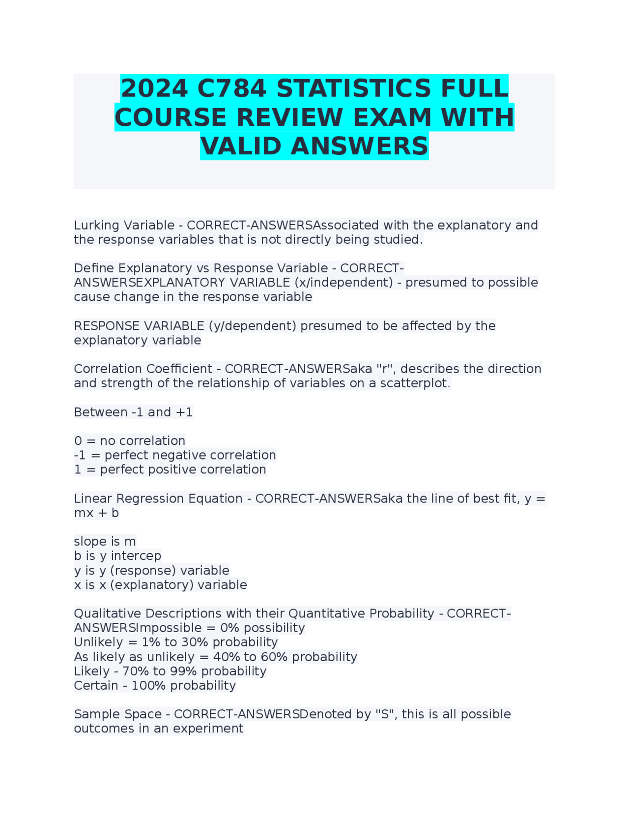Statistics Course Review Exam with Valid Answers | Exams Advanced ...