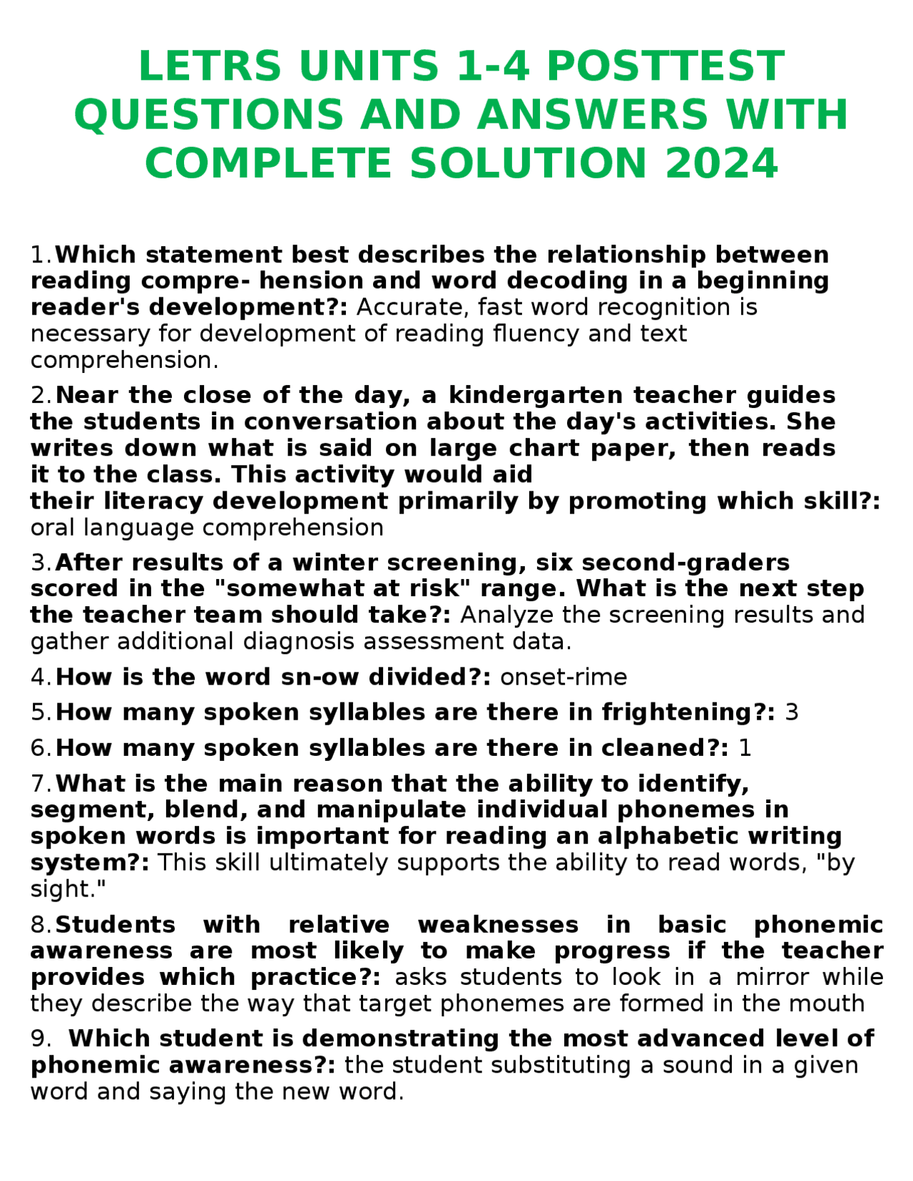 LETRS UNITS 1-4 POSTTEST QUESTIONS AND ANSWERS WITH COMPLETE SOLUTION 2024 | Exams English ...