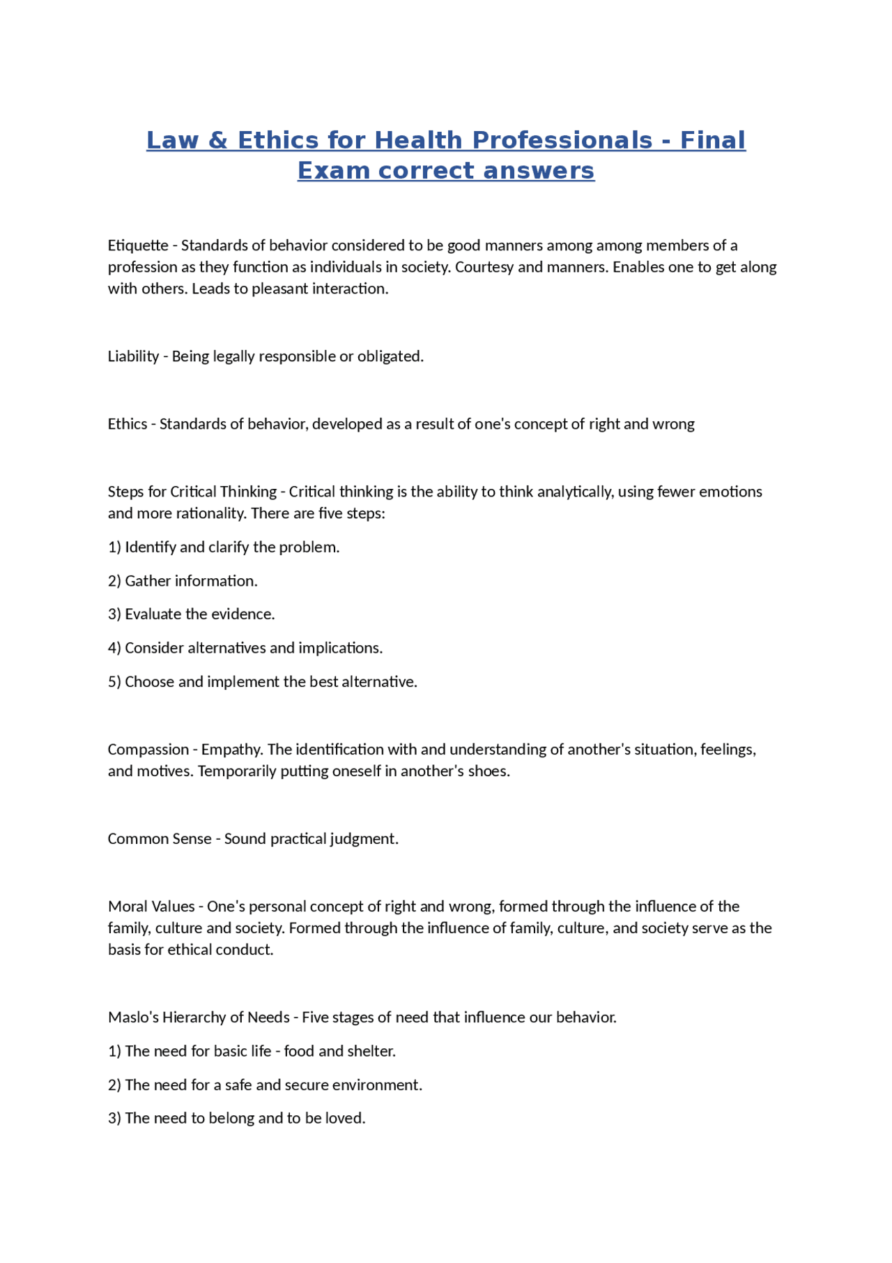 Law & Ethics for Health Professionals: Final Exam Review | Exams ...