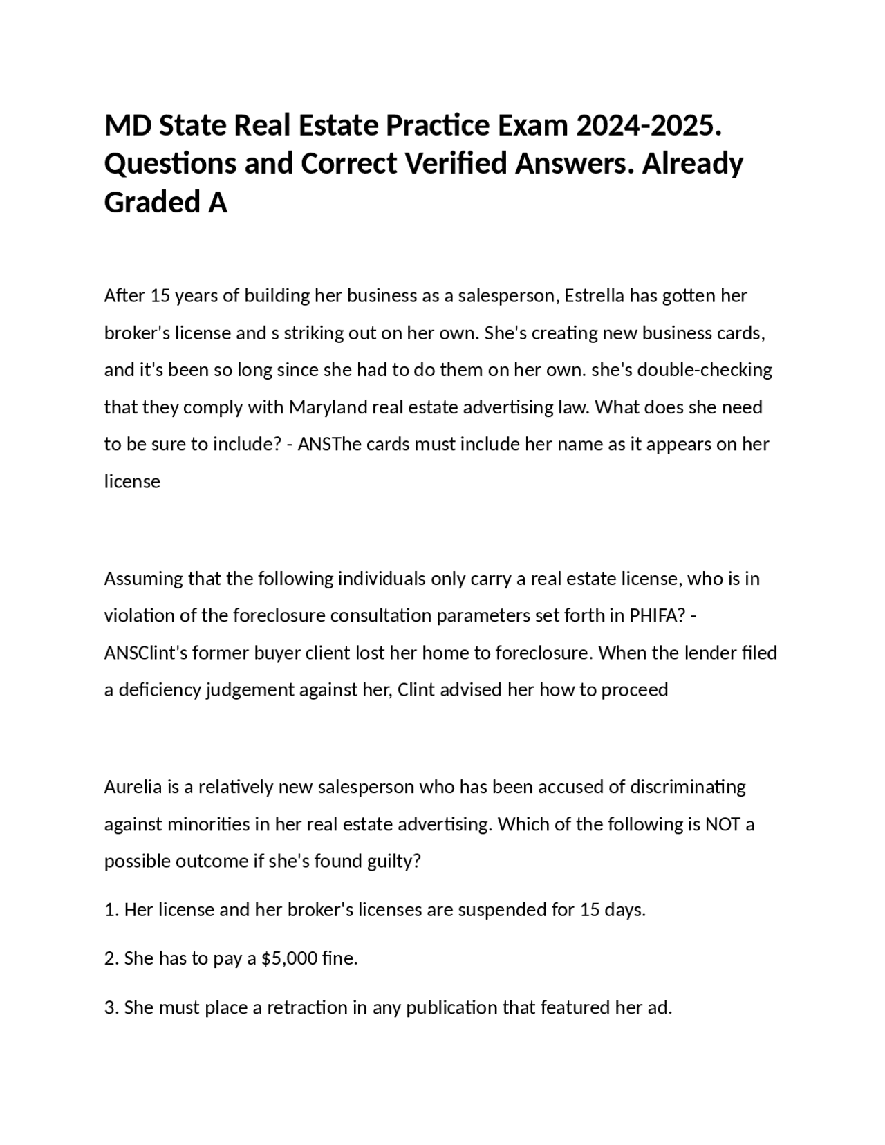 Maryland Real Estate Practice Exam 20242025 Questions and Answers