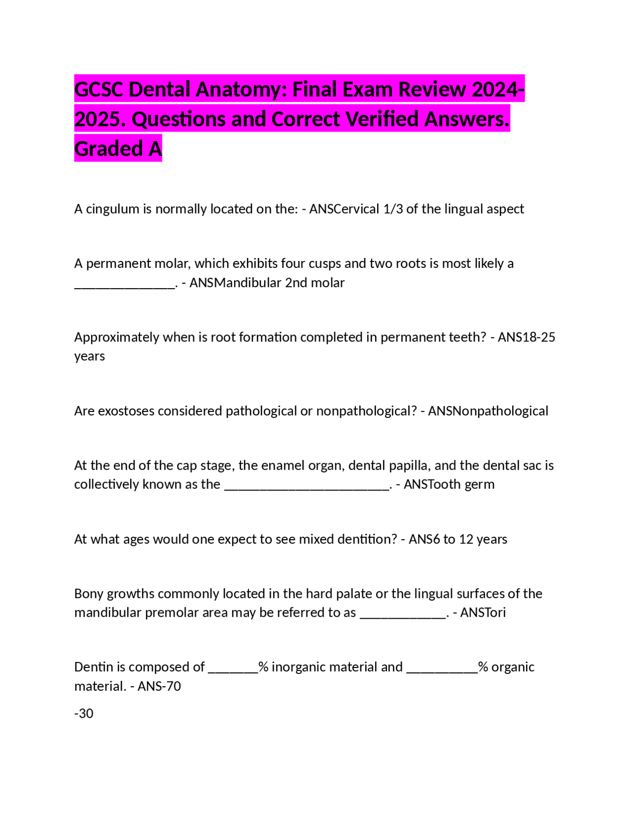 GCSC Dental Anatomy: Final Exam Review 2024-2025. Questions and Correct ...