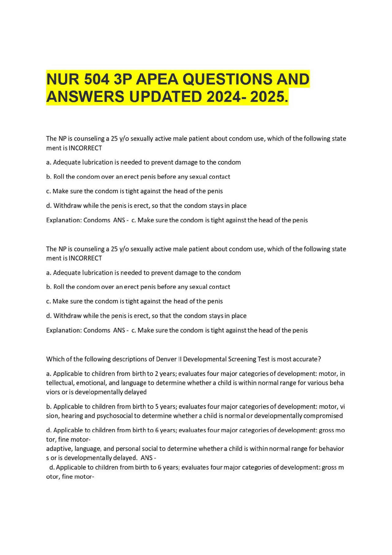 NUR 504 3P APEA QUESTIONS AND ANSWERS UPDATED 2024- 2025. | Exams ...