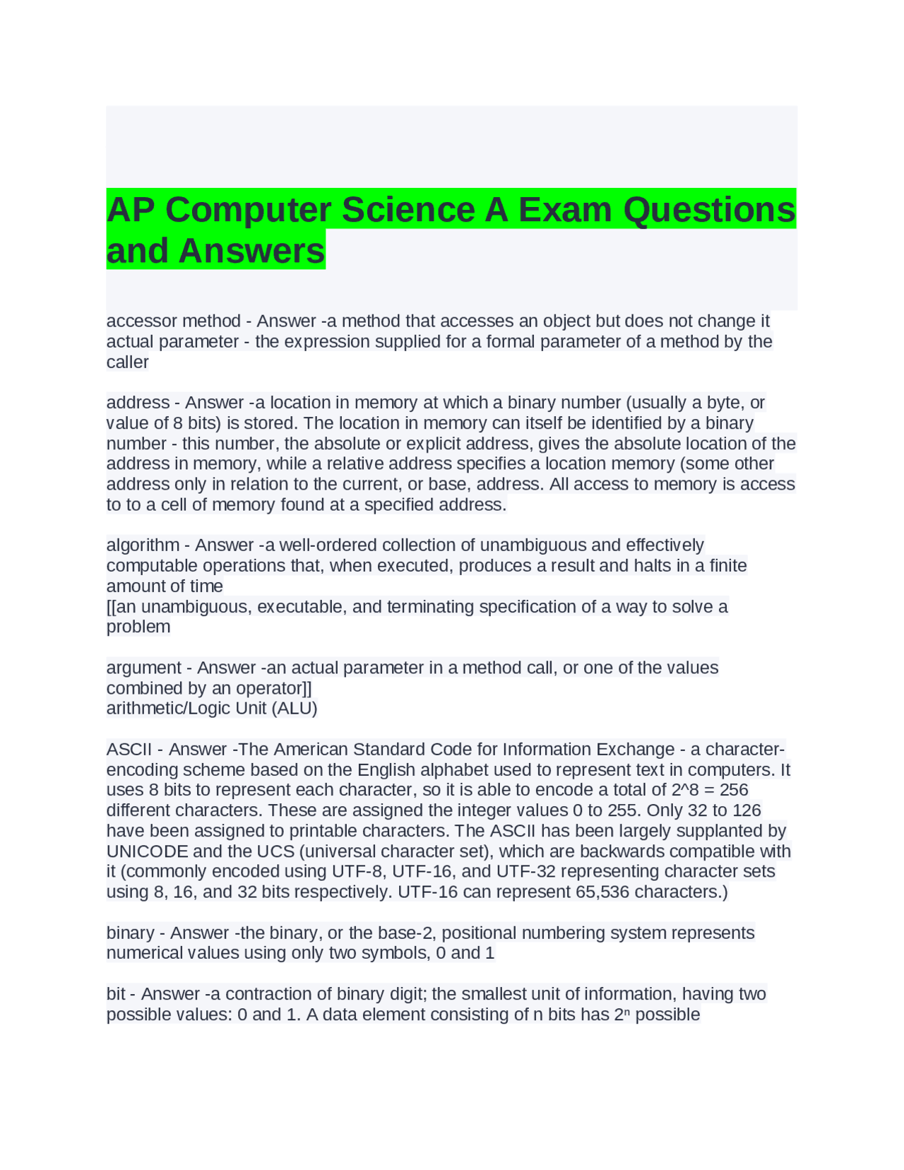 AP Computer Science A Exam Questions and Answers | Exams Advanced ...