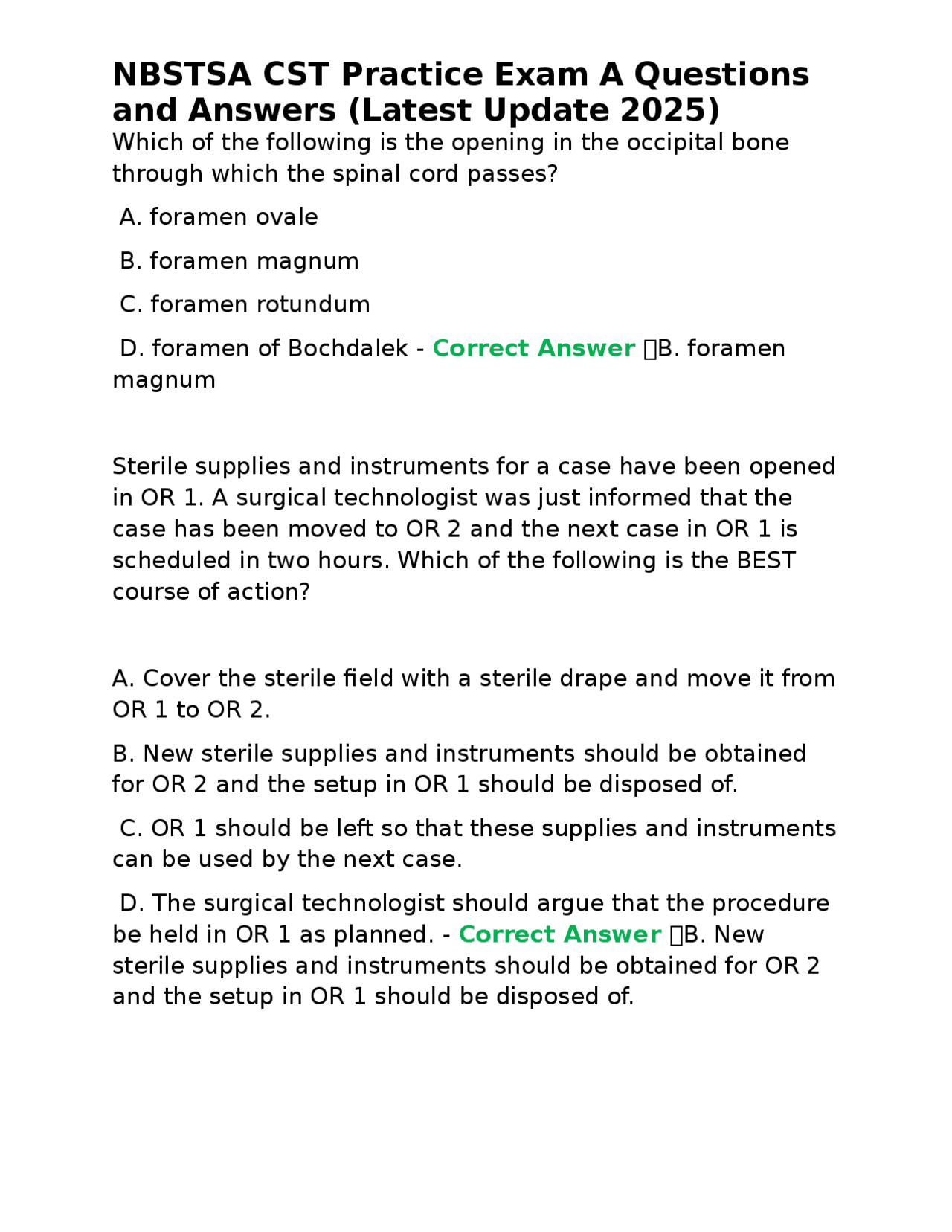 NBSTSA CST Practice Exam A Questions and Answers | Exams Nursing | Docsity