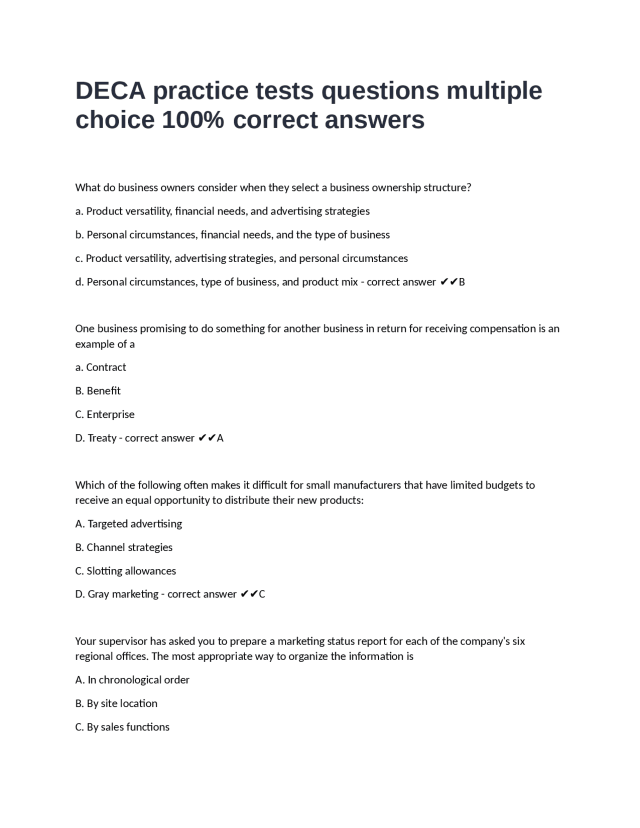 DECA practice tests questions multiple choice 100% correct answers ...