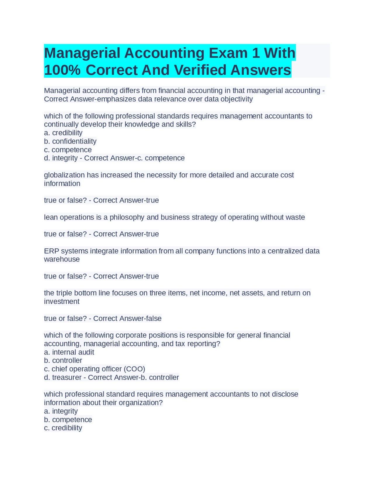 Managerial Accounting Exam 1: Multiple Choice Questions and Answers ...