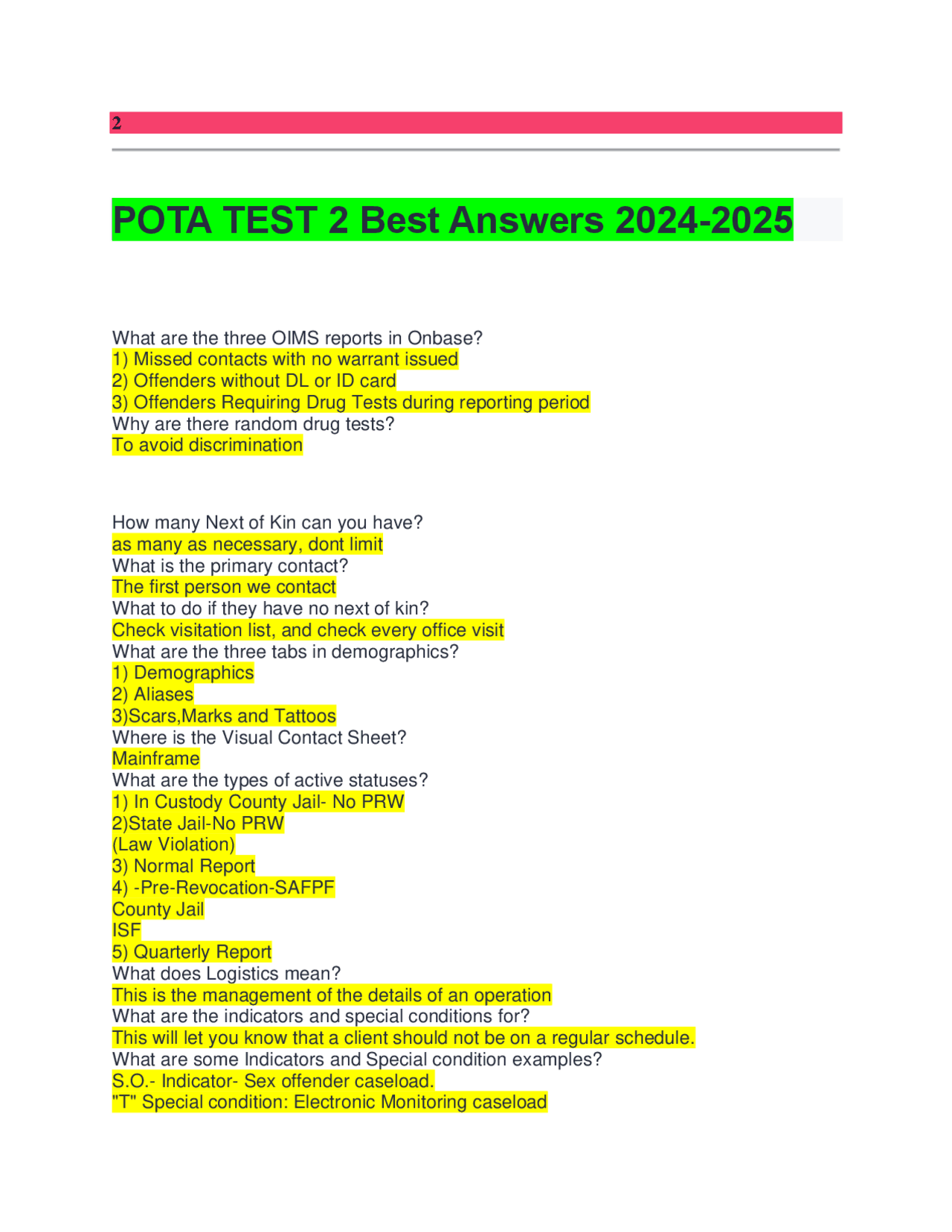 Pota Protocol.pdf POTA TEST 2 Best Answers 2024-2025 | Exams Health sciences | Docsity