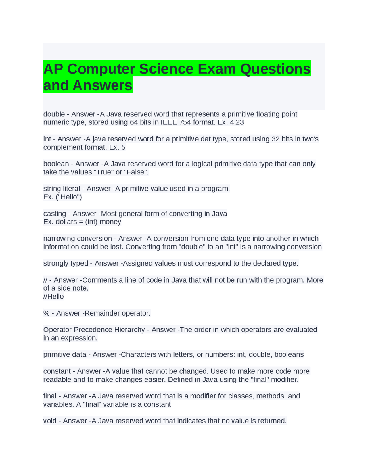AP Computer Science Exam Questions and Answers: Java Fundamentals ...