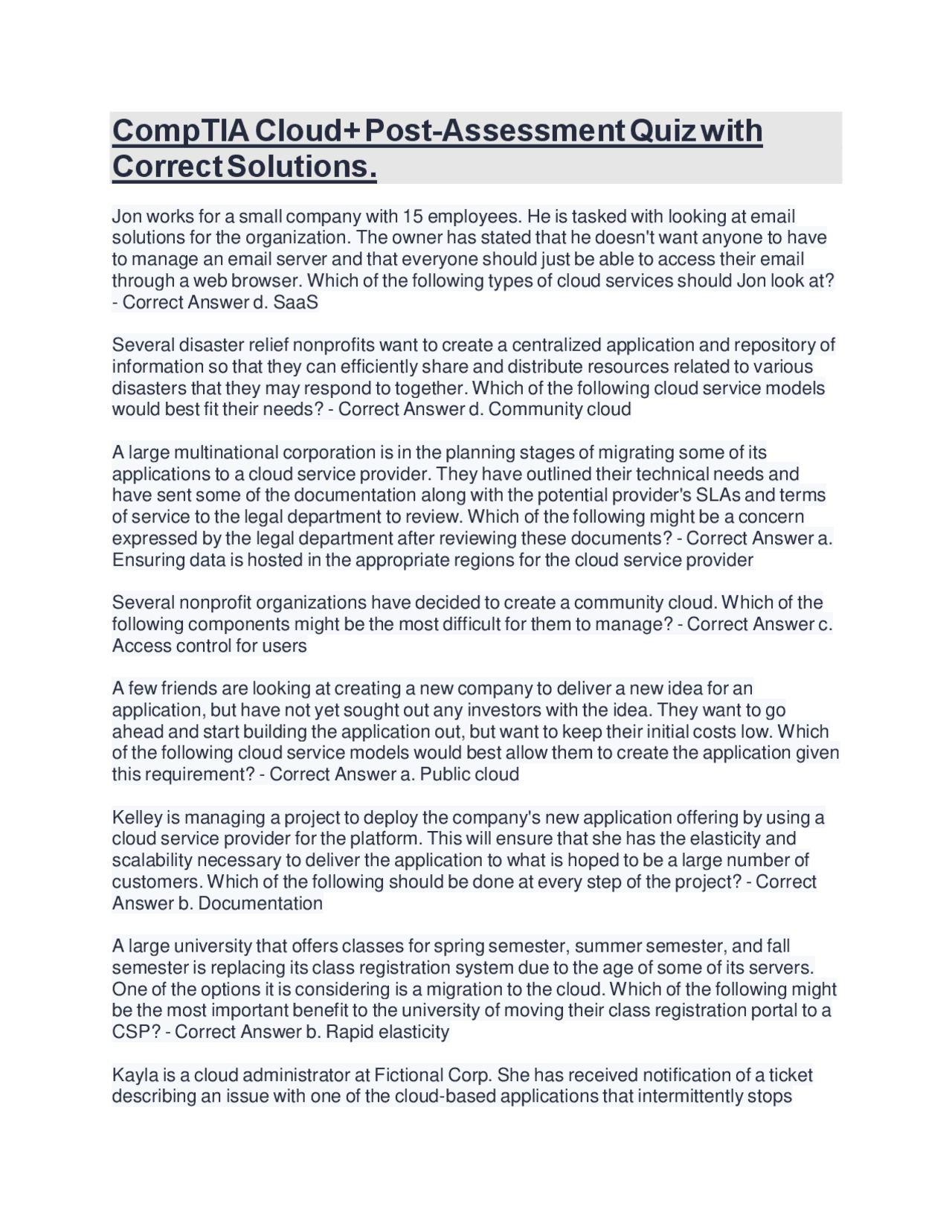 CompTIA Cloud+ Post-Assessment Quiz with Correct Solutions. | Exams ...