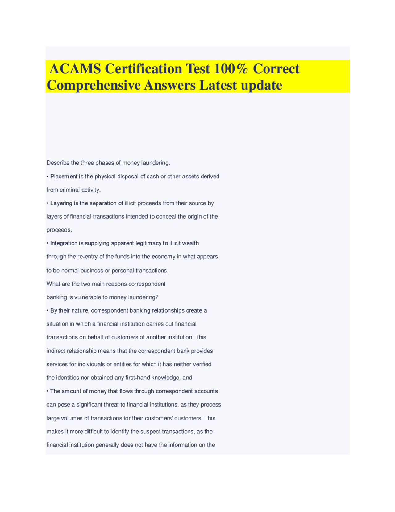 ACAMS Certification Test 100% Correct Comprehensive Answers Latest ...