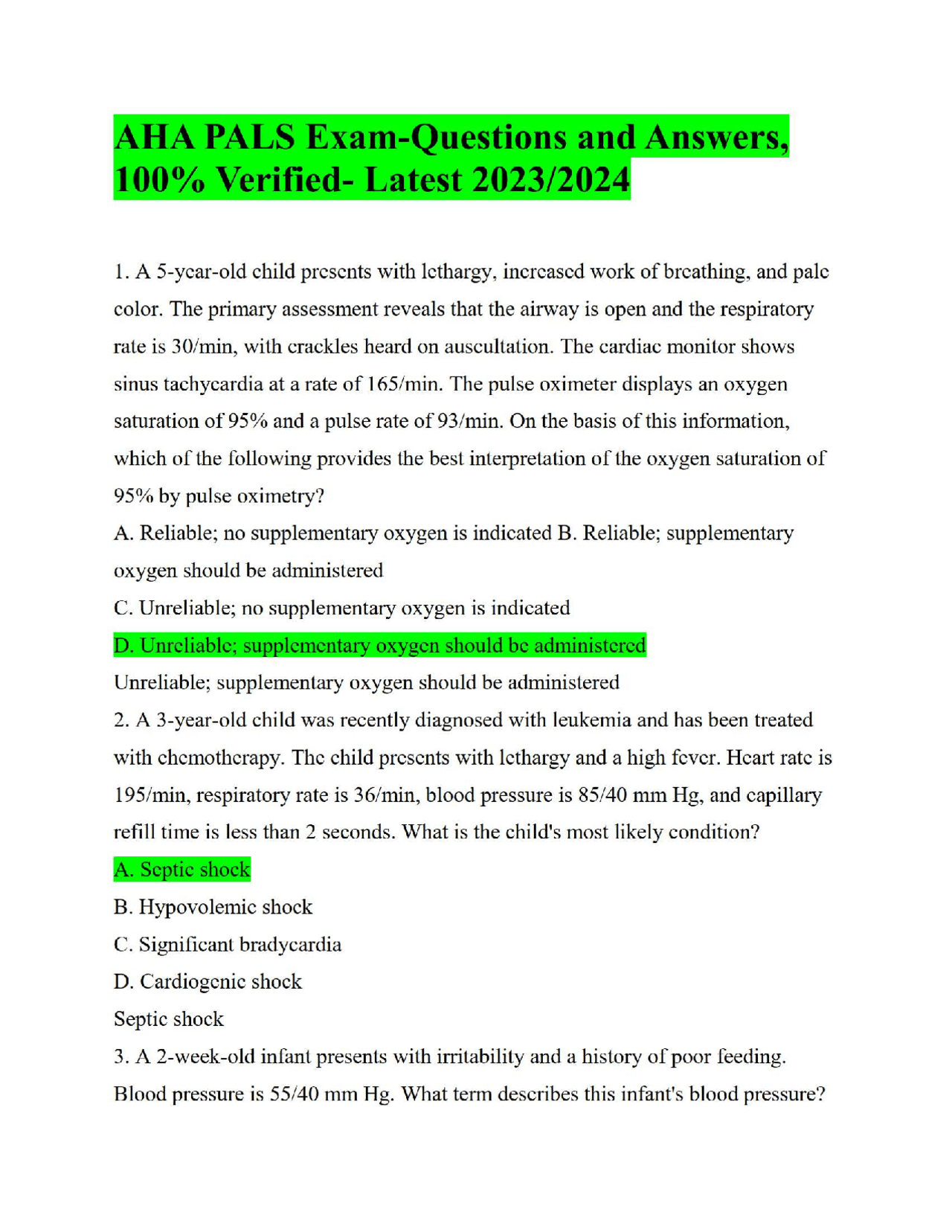 Aha Pals Exam Questions And Answers 100 Verified Latest 2023 2024 Exams Nursing Docsity Aha Pals Exam Questions And Answers 100 Verified Latest 2023 2024 Exams Nursing Docsity