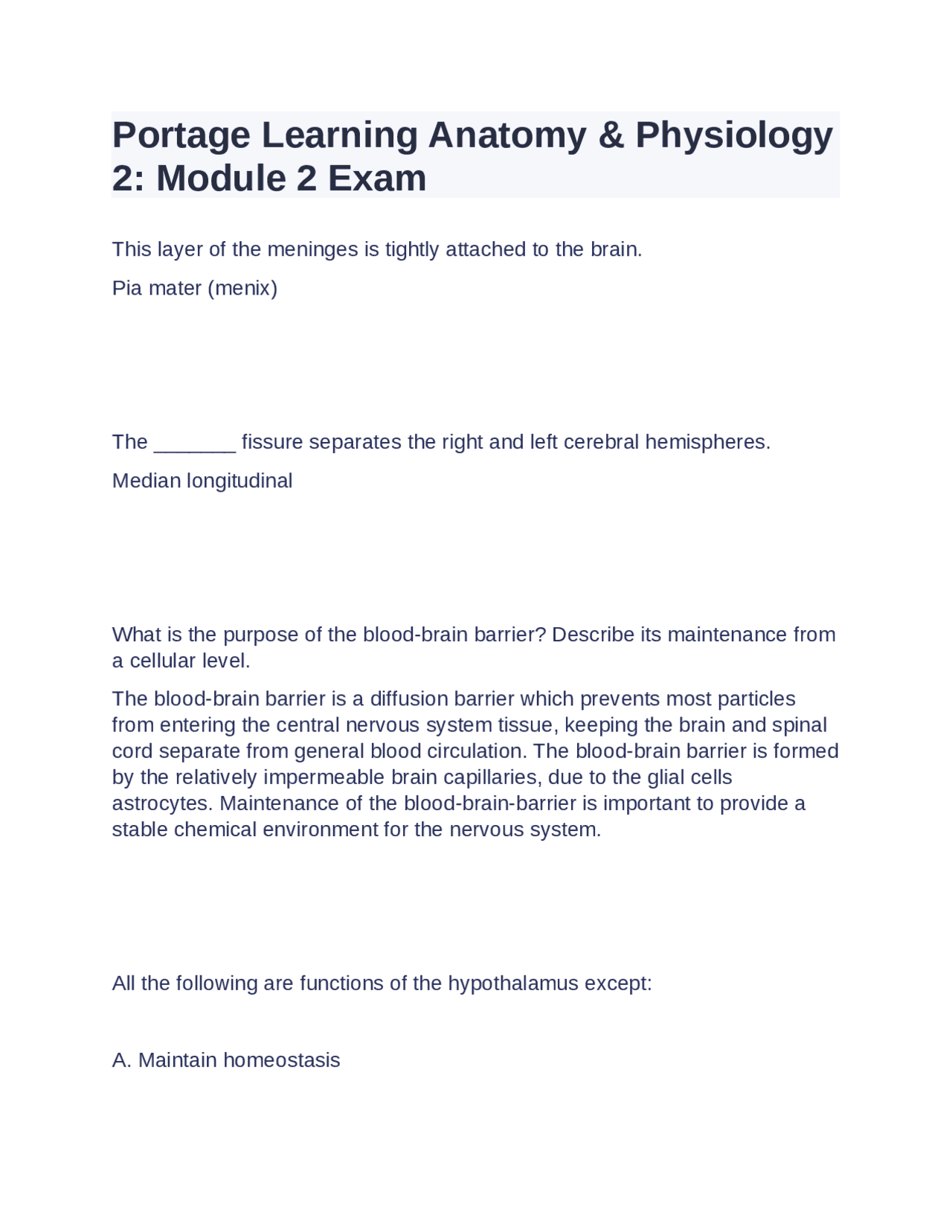 Portage Learning Anatomy & Physiology 2: Module 2 Exam | Exams Nursing ...