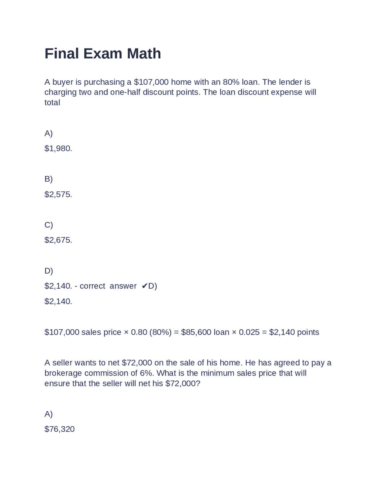 Real Estate Math Question Example Real Estate Math Exercises and Solutions | Exams Nursing | Docsity