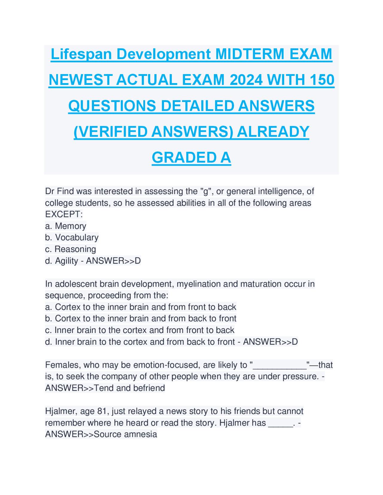 Lifespan Development Midterm Exam: Multiple Choice Questions and Answers | Exams Nursing | Docsity