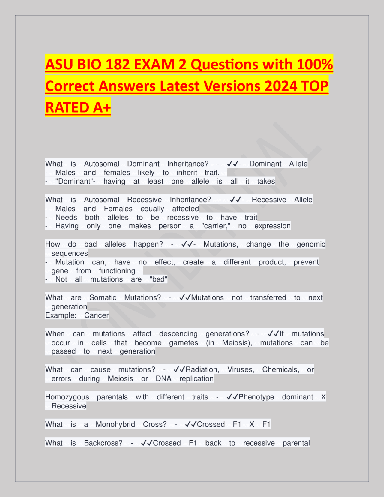 ASU BIO 182 EXAM 2 Questions with 100% Correct Answers Latest Versions ...