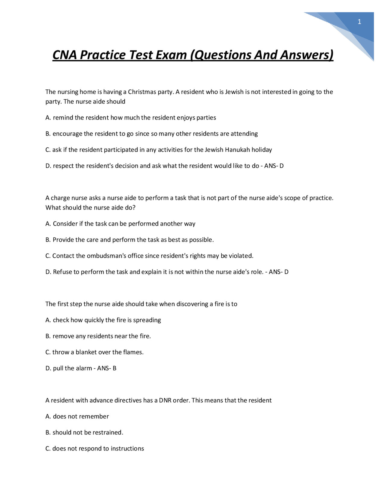 CNA Practice Test Exam (Questions And Answers) 2024-2025 Graded A+ ...