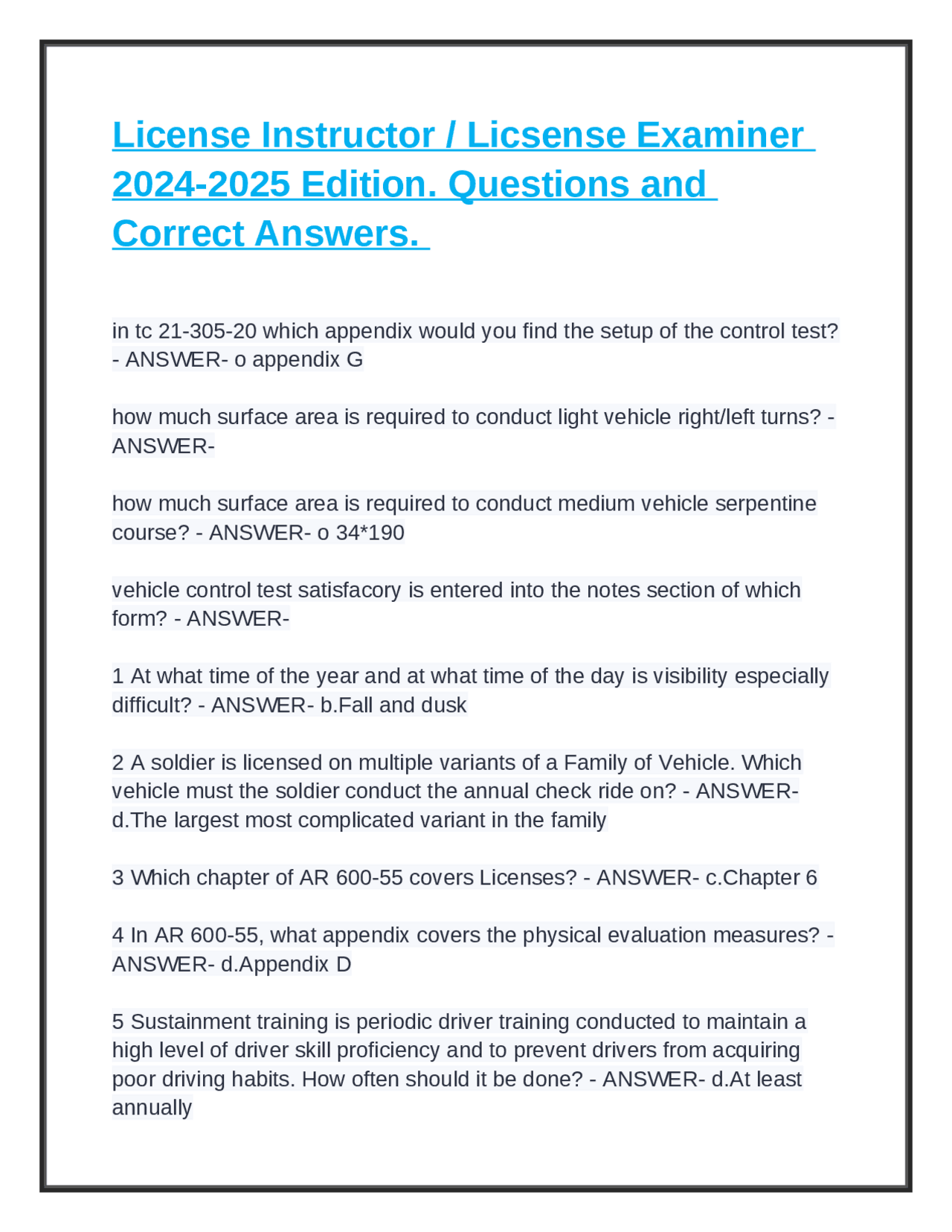 Driver Training Questions and Answers: TC 21-305-20 and AR 600-55 ...