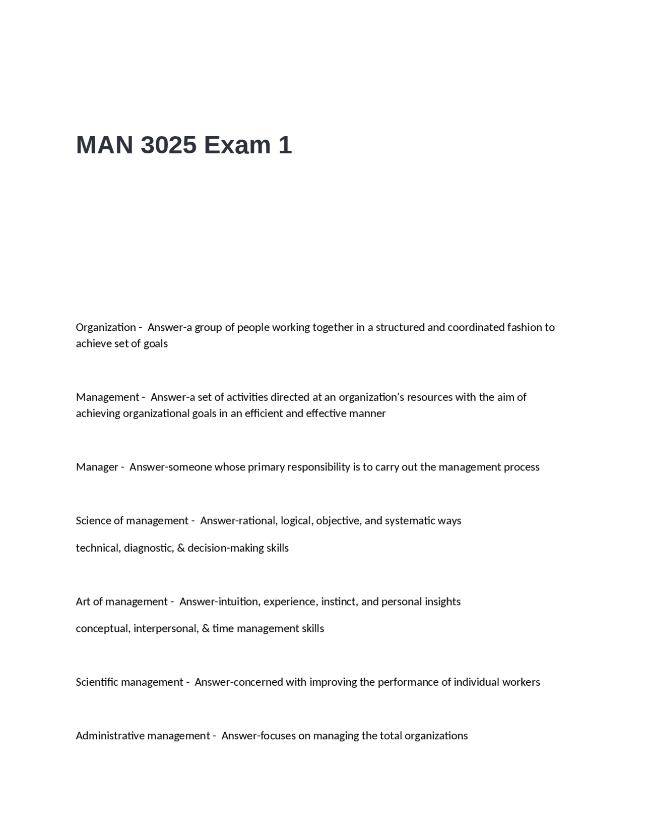 MAN 3025 Exam 1 Questions with Complete and Correct Answers | Exams ...