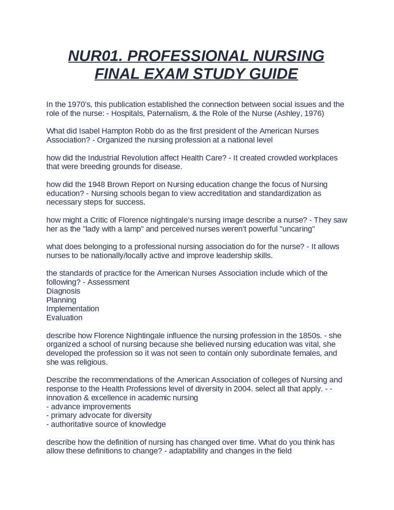 NUR01. PROFESSIONAL NURSING FINAL EXAM STUDY GUIDE | Exams Advanced ...
