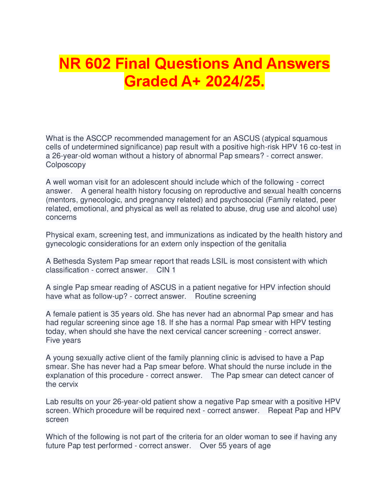 NR 602 Final Questions and Answers: Gynecology | Exams Advanced ...