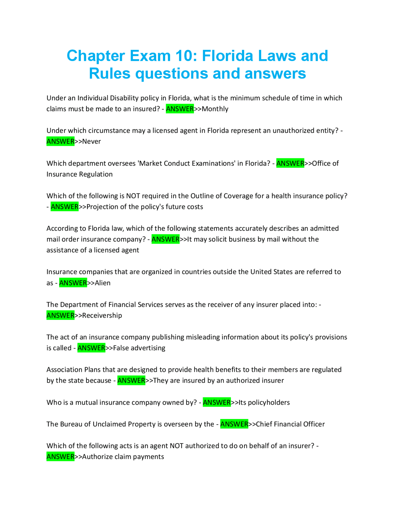 Florida Insurance Laws and Rules: Chapter Exam 10 Questions and Answers ...