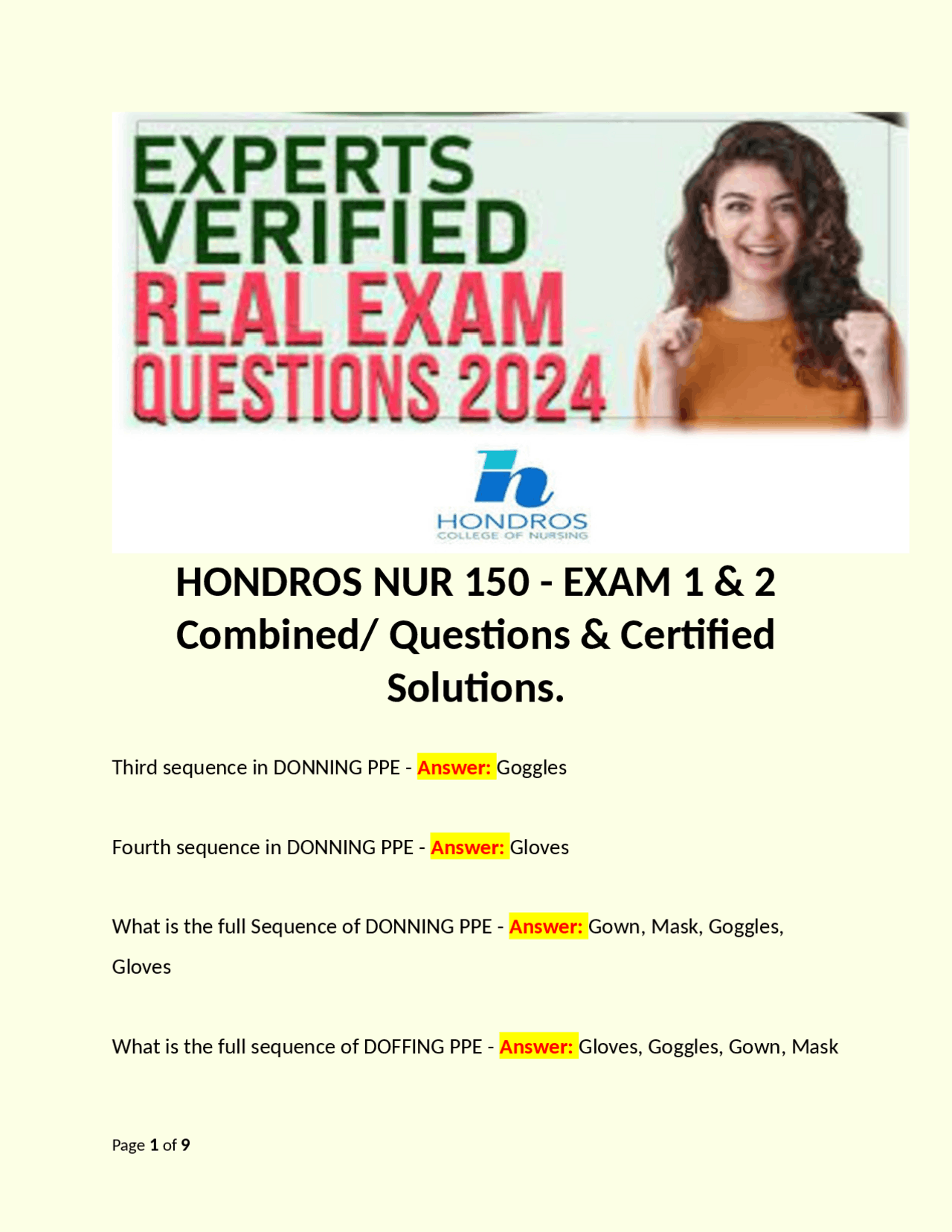 HONDROS NUR 150 - EXAM 1 & 2: Questions and Answers | Exams Nursing ...