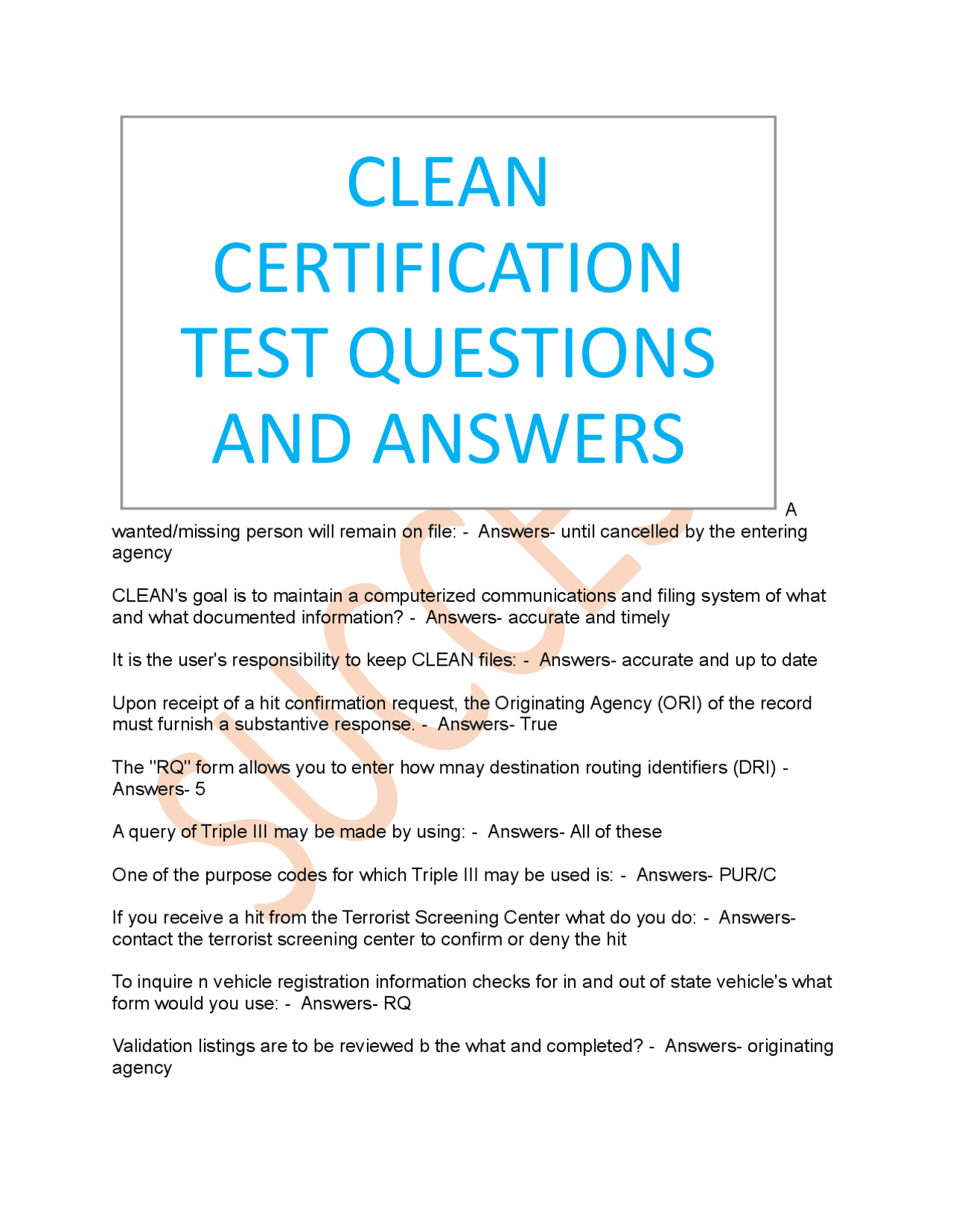 CLEAN Certification Test Questions and Answers | Exams Social Sciences ...