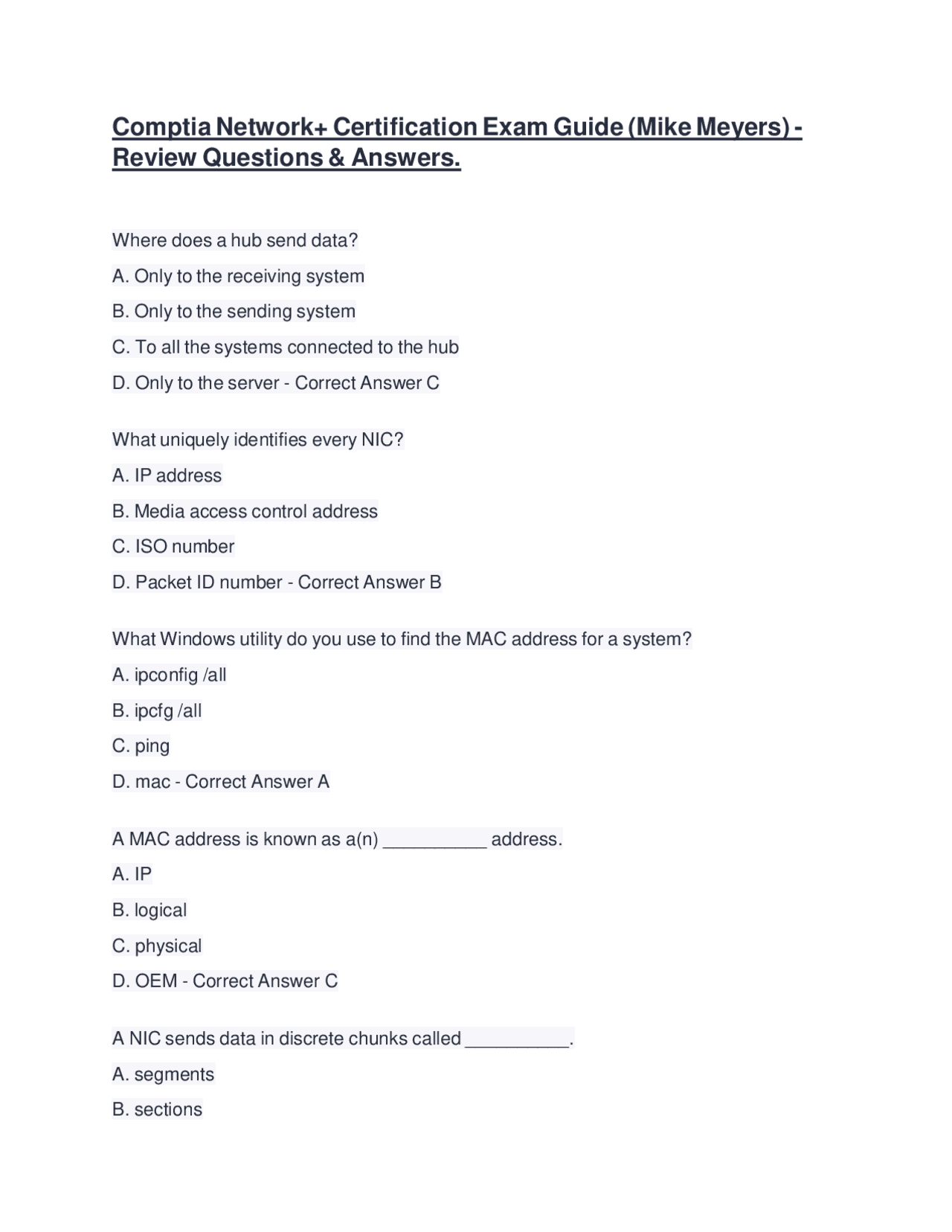 CompTIA Network+ Certification Exam Guide: Review Questions and Answers ...