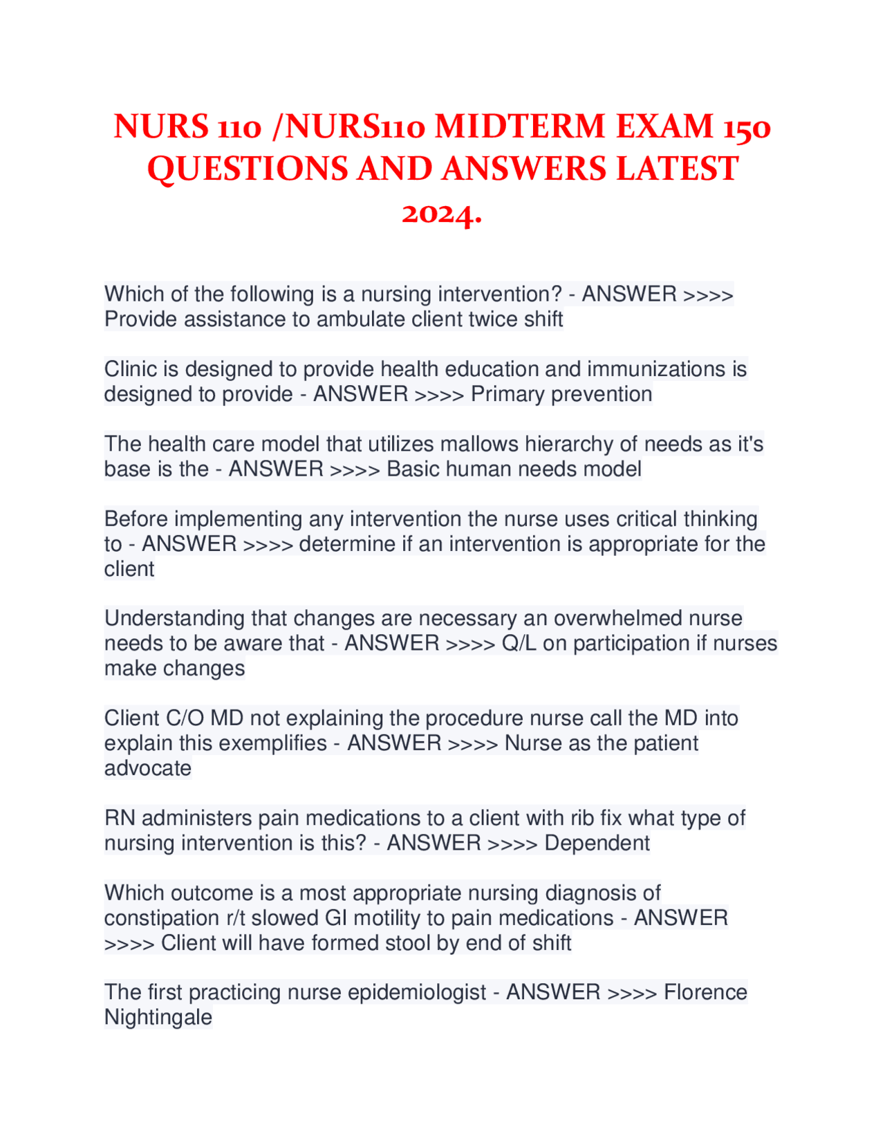 NURS 110 / NURS110 MIDTERM EXAM 150 QUESTIONS AND ANSWERS LATEST 2024 ...