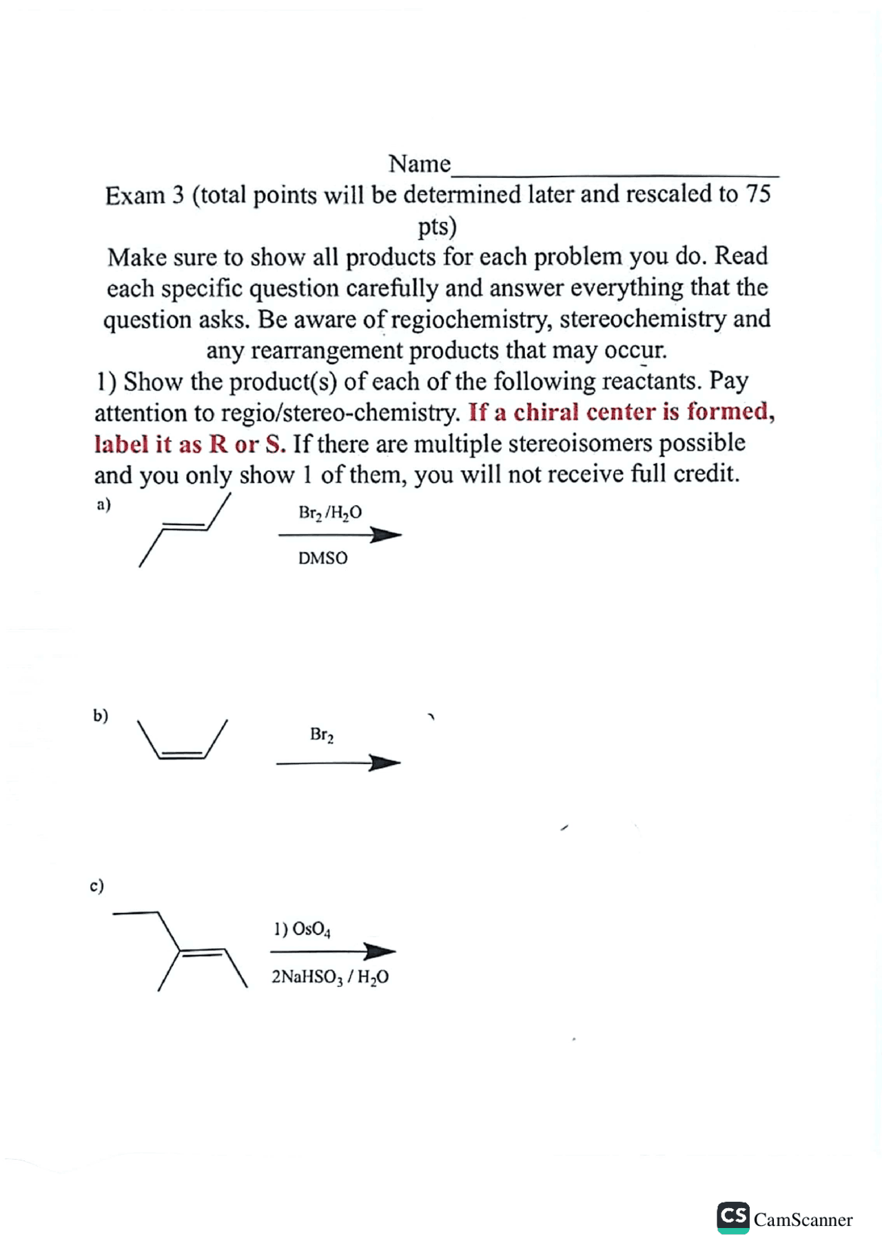Exam 3 reactions of alkenes (organic chemistry) | Exams Chemistry | Docsity