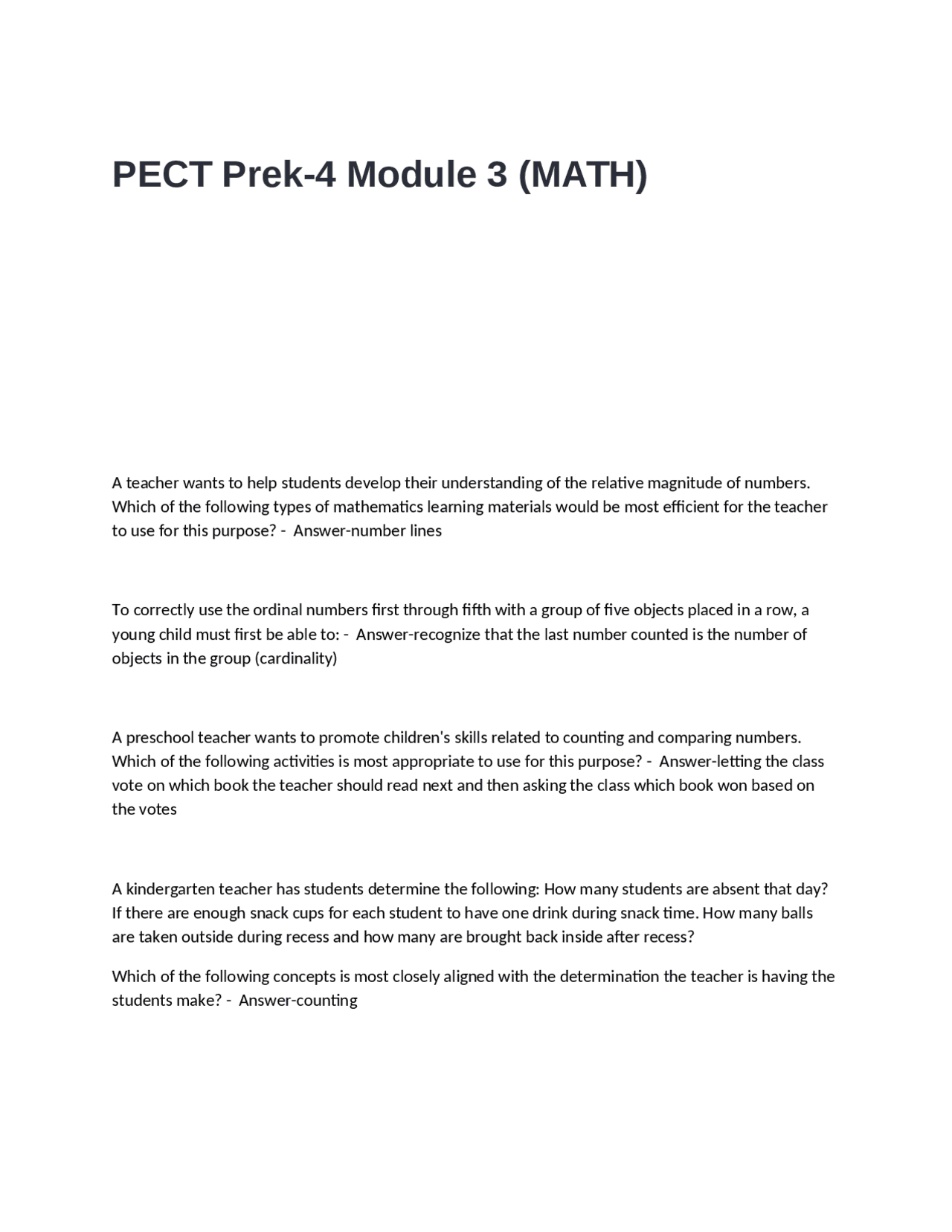 PECT Prek-4 Module 3 (MATH): Multiple Choice Questions and Answers ...