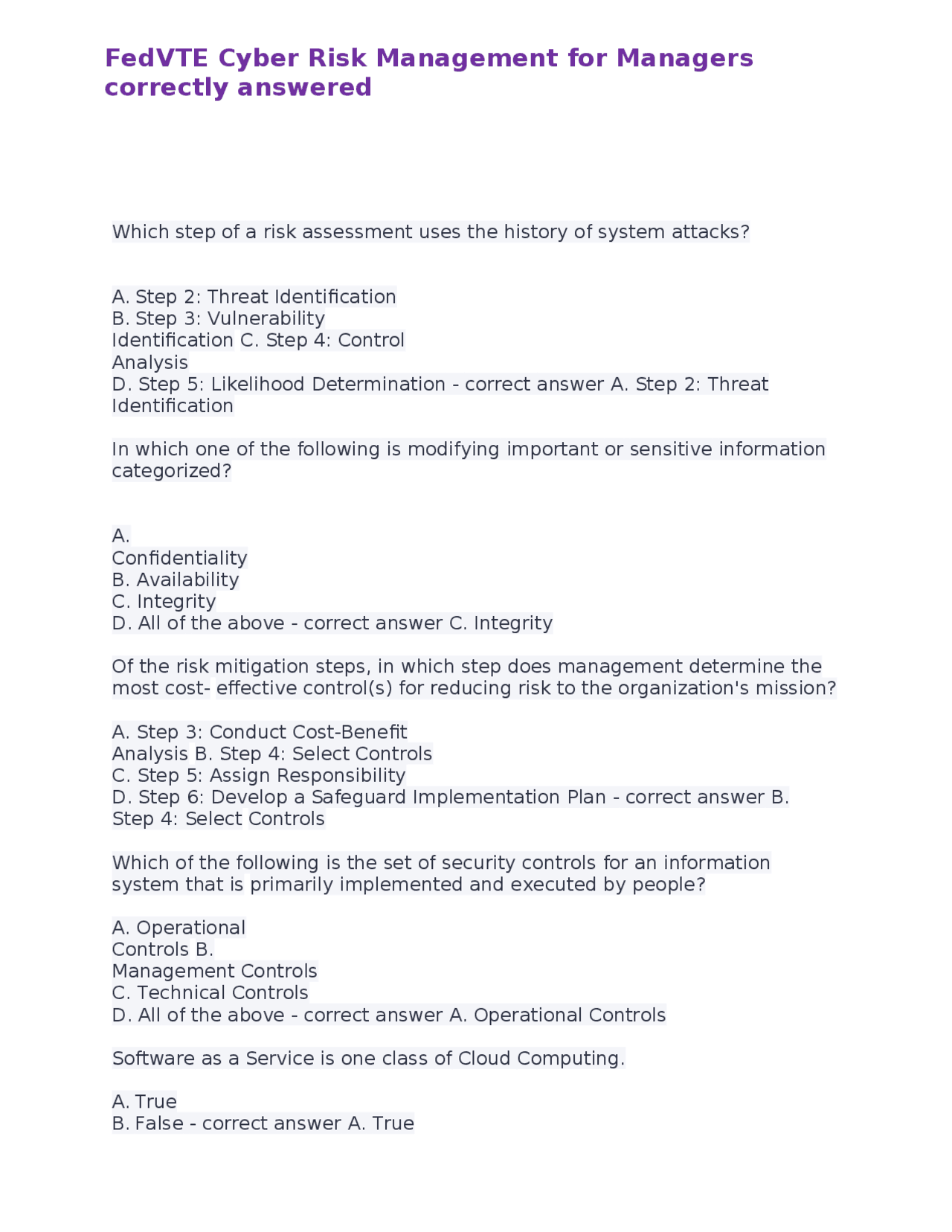 Cyber Risk Management for Managers: Multiple Choice Questions and ...