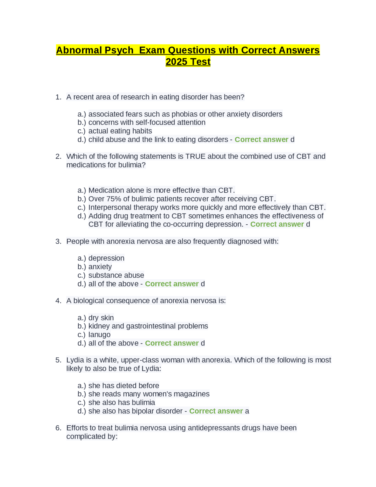 Abnormal Psychology Exam Questions with Correct Answers | Exams Nursing ...