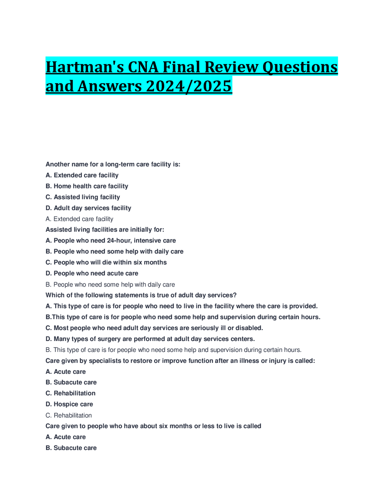 Cna Review.pdf CNA Final Review Questions and Answers 2024/2025 | Exams Business ...