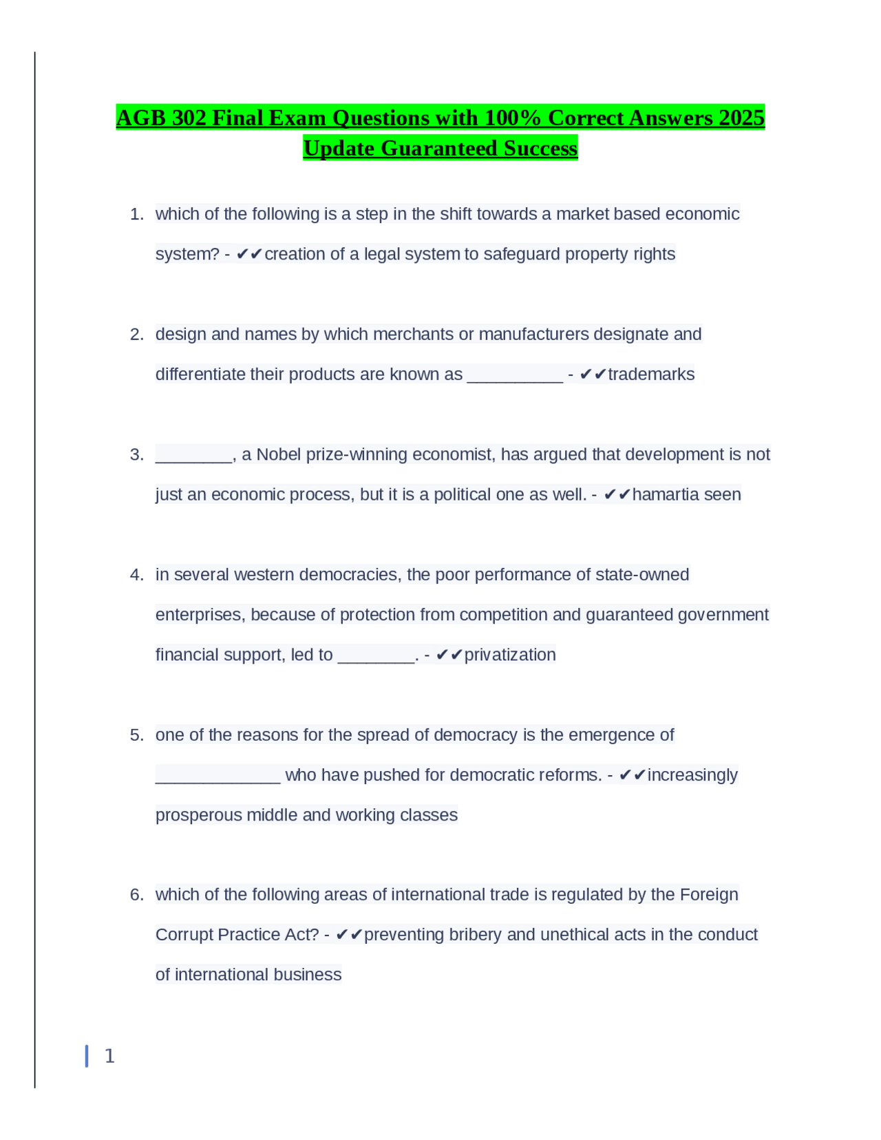 AGB 302 Final Exam Questions with Answers: International Business and Globalization | Exams ...