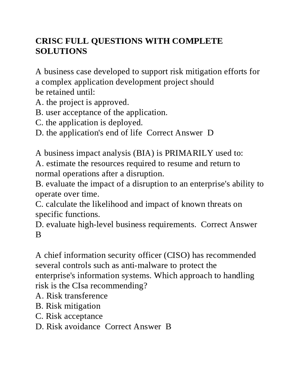 CRISC Full Questions with Complete Solutions | Exams Nursing | Docsity