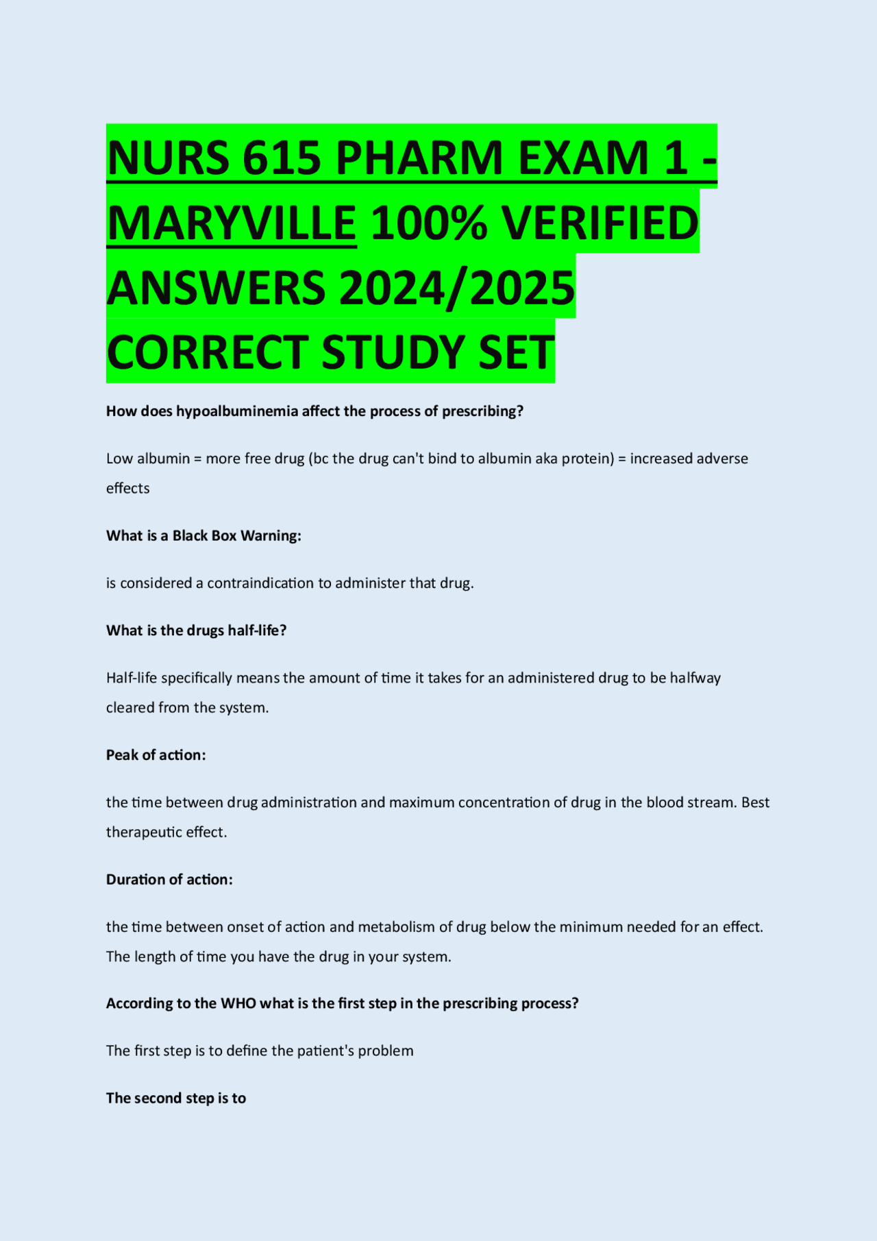 NURS 615 PHARM EXAM 1 - MARYVILLE 100% VERIFIED ANSWERS 2024/2025 ...