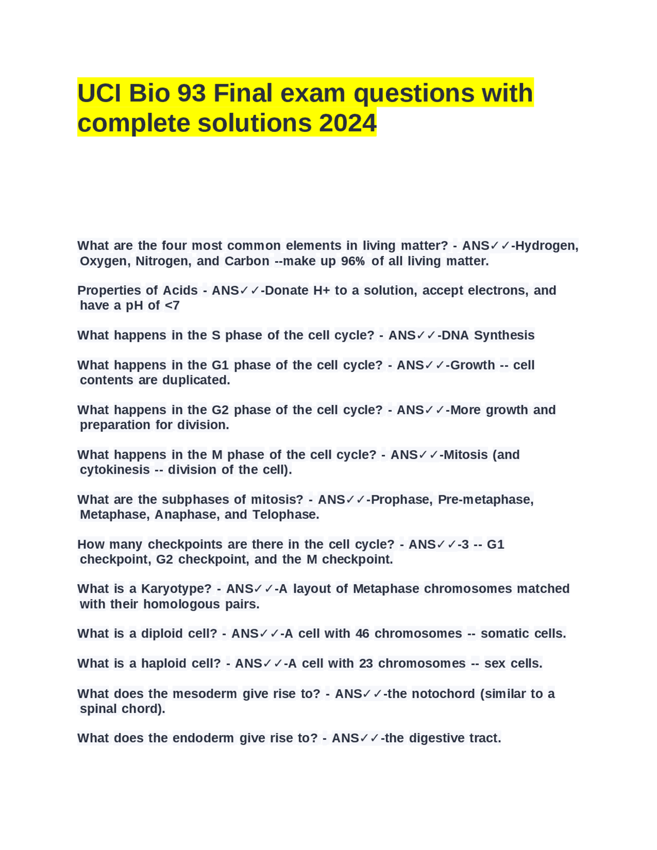UCI Bio 93 Final exam questions with complete solutions 2024. | Exams ...