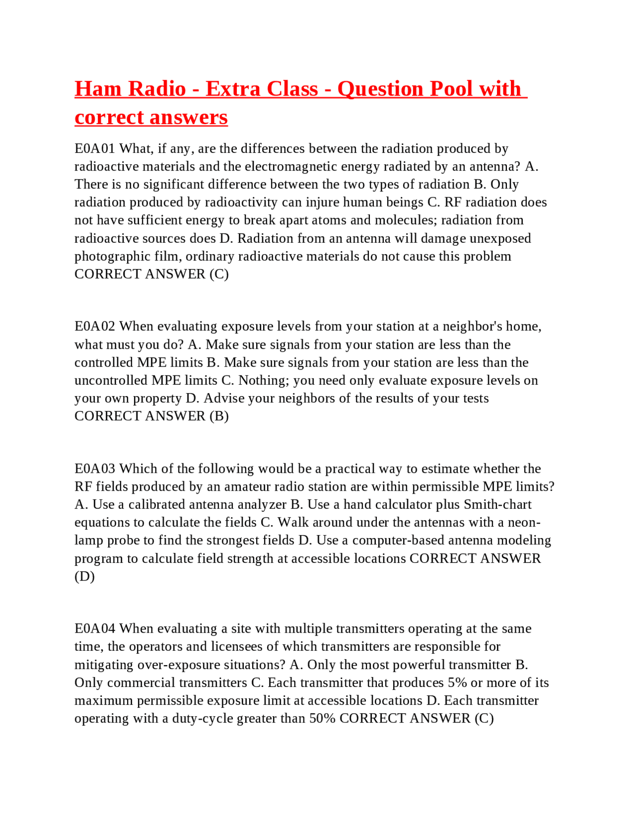 Ham Radio Extra Class Question Pool with Correct Answers | Exams ...