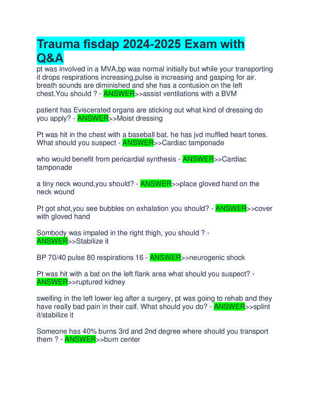 Trauma FISDAP Exam Questions and Answers 2024-2025 | Exams Nursing ...