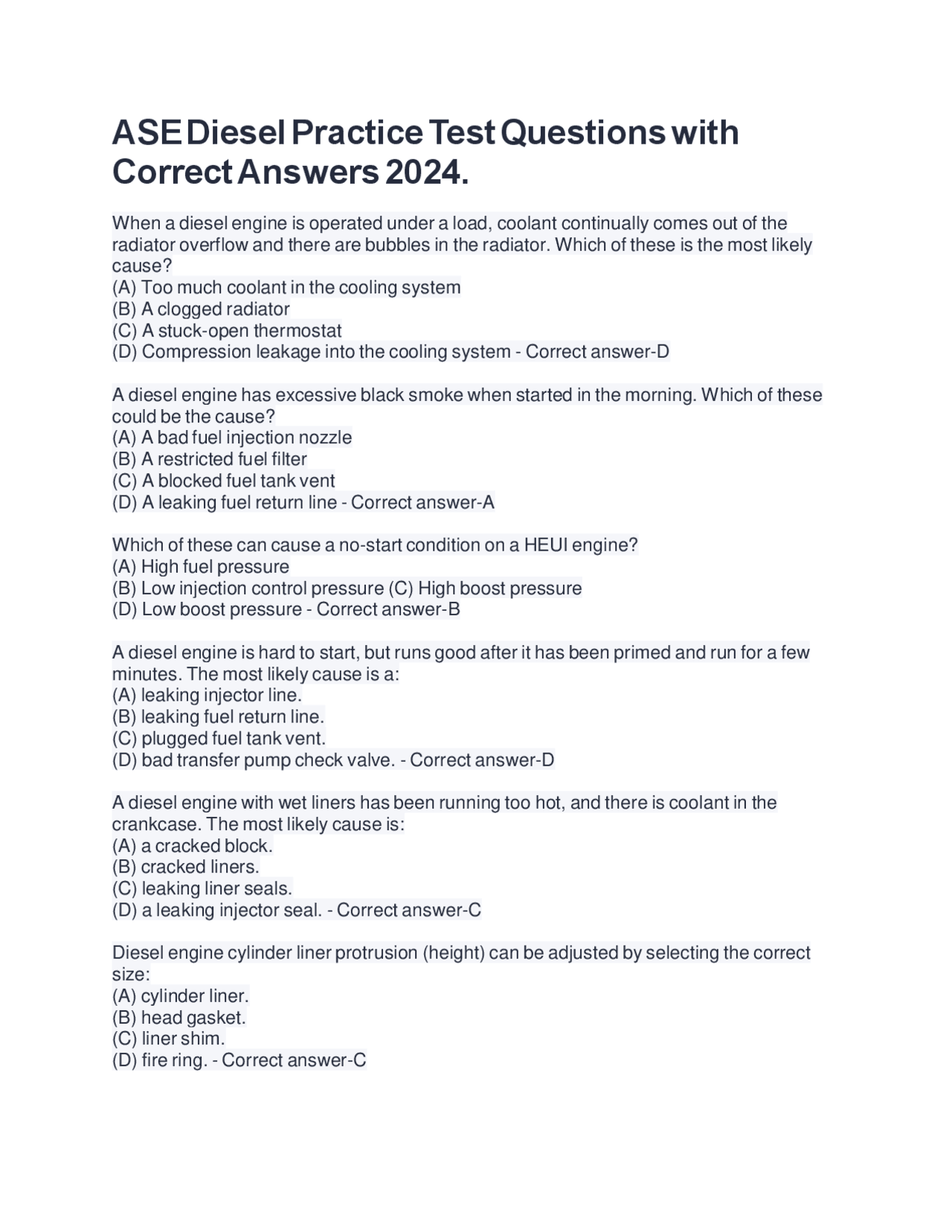 ASE Diesel Practice Test Questions with Correct Answers 2024 | Exams ...