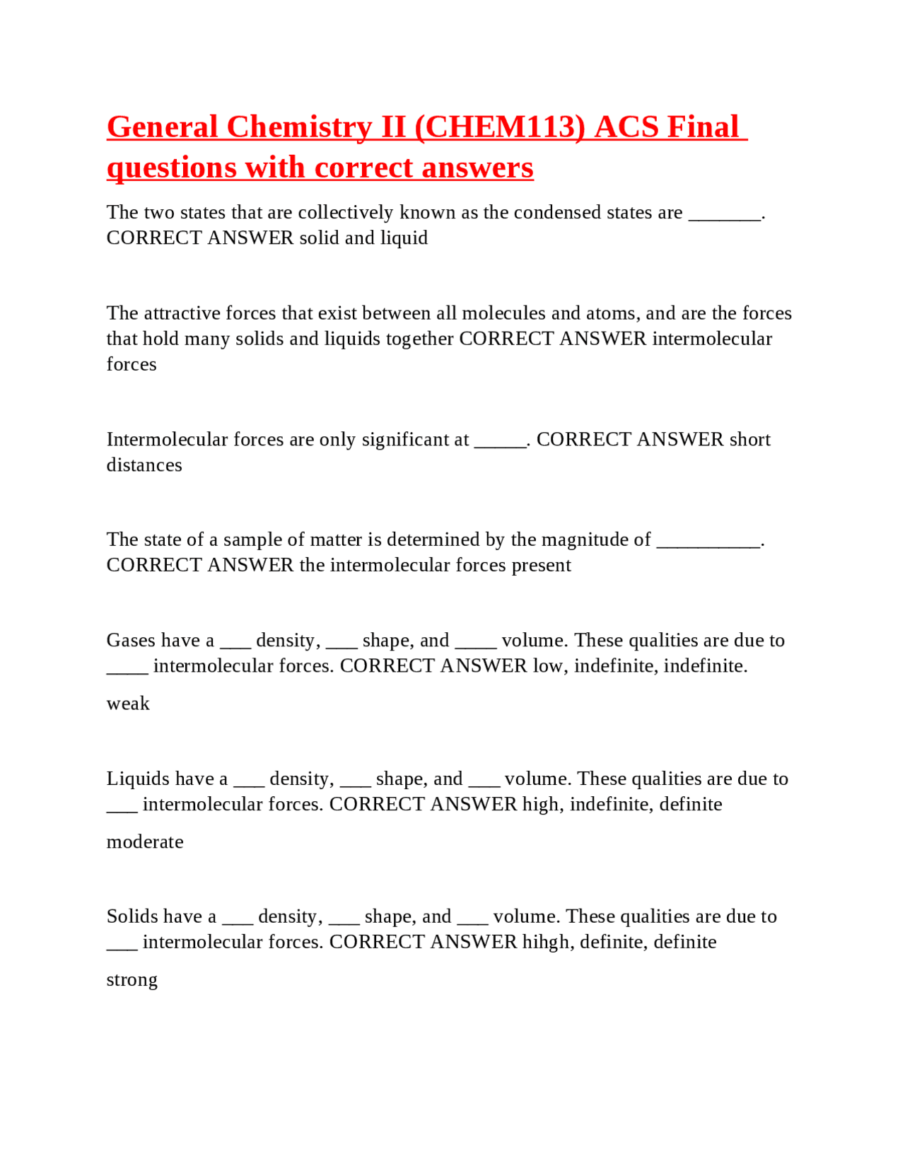 General Chemistry II (CHEM113) ACS Final Exam Questions and Answers ...