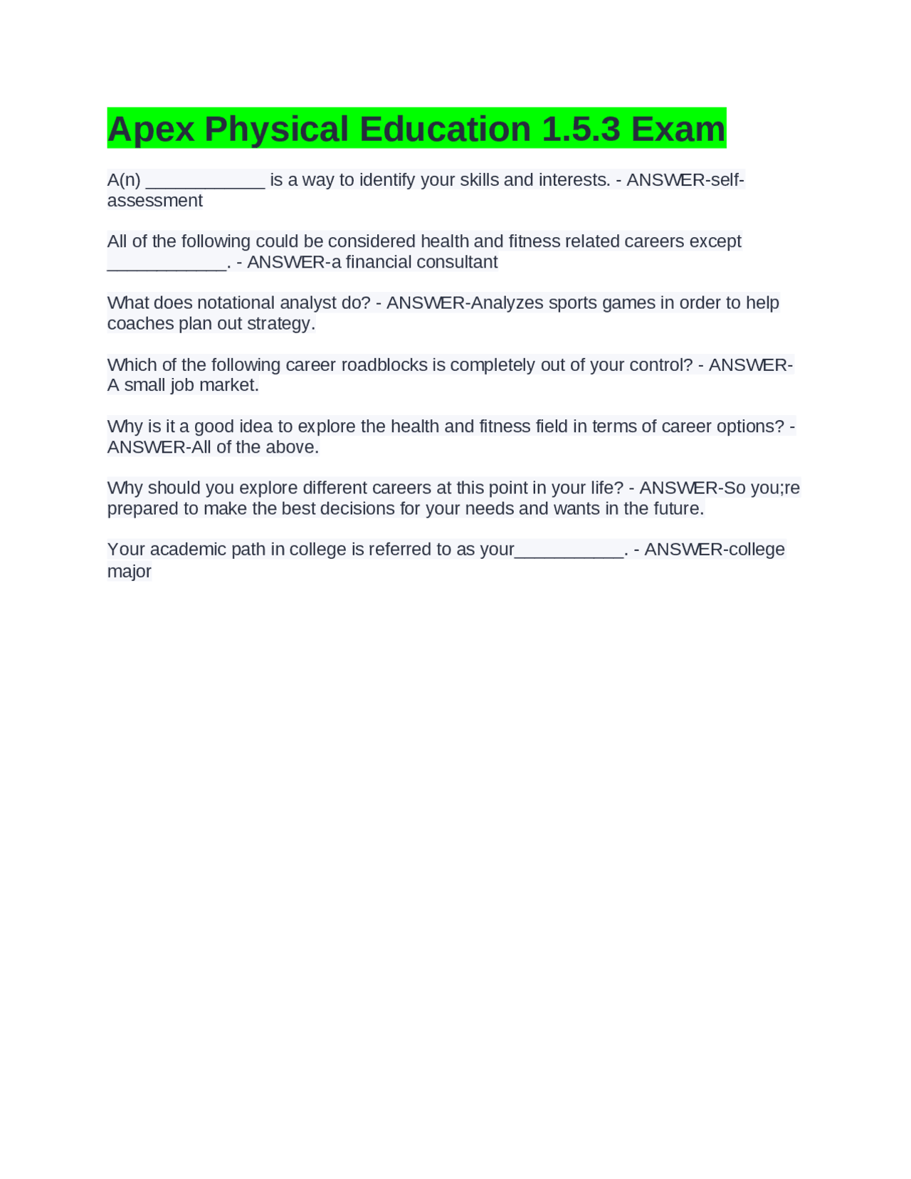 Apex Physical Education 1.5.3 Exam: Questions and Answers | Exams ...
